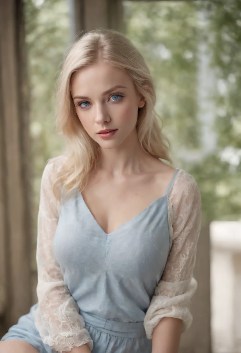 Blonde girl, Blue eyes, Beautiful, bare full body, Open legs, on back, top quality, high resolution, RAW, hyper realistic, extremely detailed