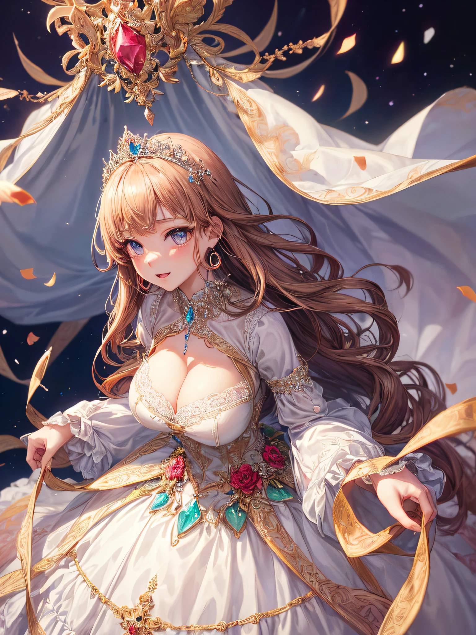 (masterpiece, best quality,extremely detailed,moe anime art style:1.1),1girl, (solo), cute, kawaii,digital art,((1 bling-bling anime princess wearing beautiful embroidery and jeweled gorgeous princess ballgown with voluminous full length hoop skirt)),((crinoline)),long train,voluminous frills,(gorgeous embroidery and beautiful lace),(very gigantic boobs,cleavage,skindentation),((shiny hair,absurdly straight long hair)),((finely detailed face and eyes)),clear pupil,extremely gorgeousfull hair ornament,(bling-bling jeweled extremely gorgeousfull tiara),((bling-bling gorgeous gemstone jewelry)),long veil,((beautiful background)),flowers,flower petals flowing,(looking away),((beautiful embroidery and jeweled gorgeous princess ballgown with voluminous full length hoop skirt))