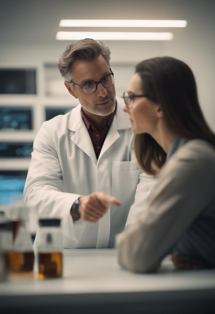 A scientist pointing to a health product in the left corner of the screen
