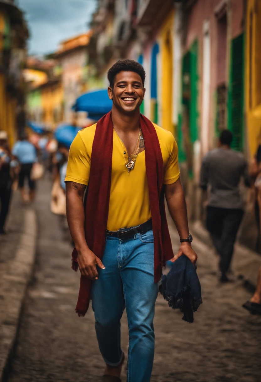 um homem, moreno, caboclo brasileiro, olhando para uma bandeira do Brasil, no meio de um rua, a rua tem muitas pessoas, Everyone is smiling