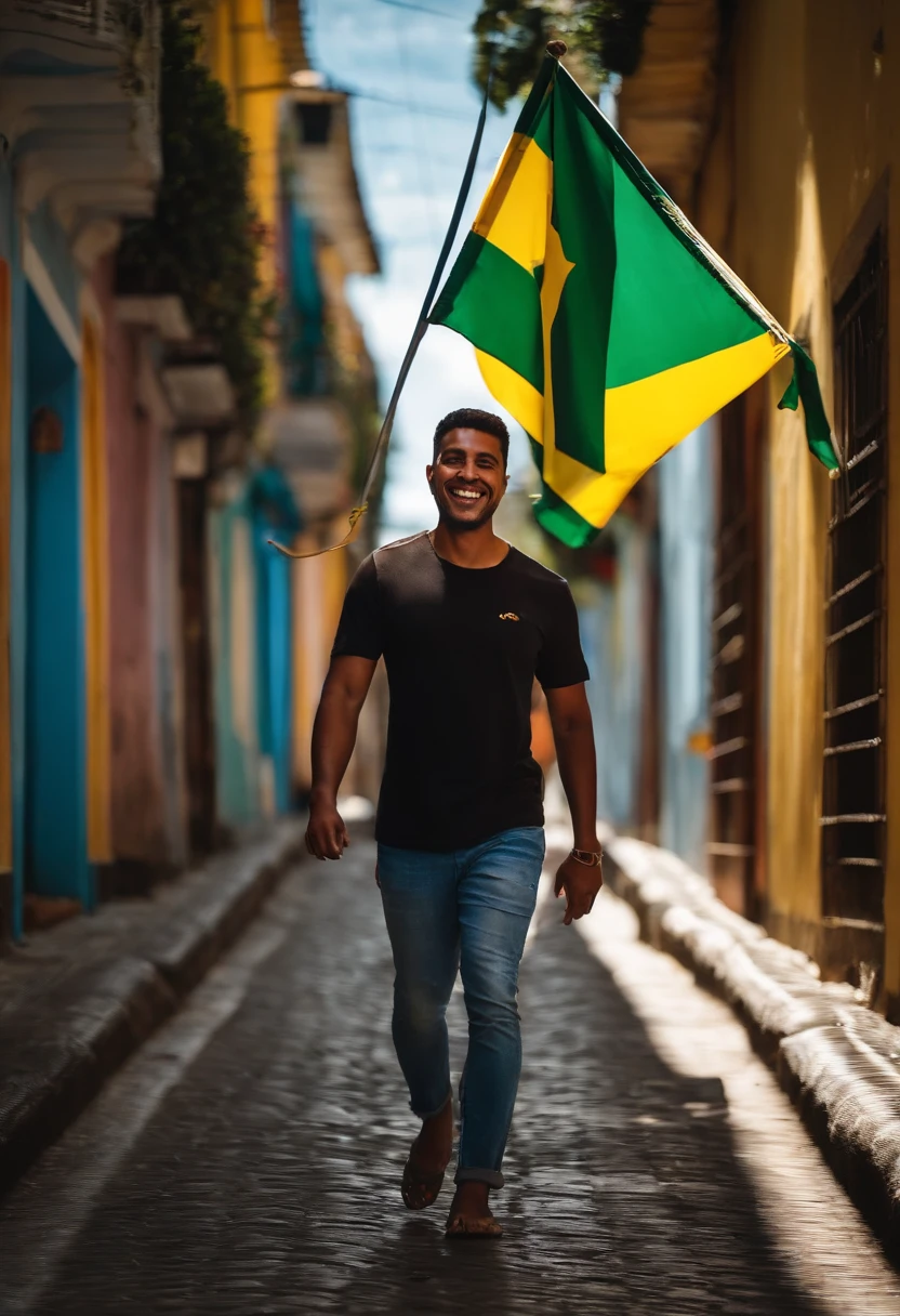 um homem, moreno, caboclo brasileiro, olhando para uma bandeira do Brasil, no meio de um rua, a rua tem muitas pessoas, Everyone is smiling