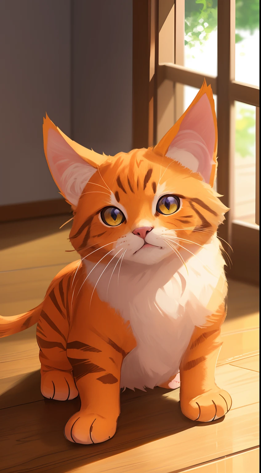 animal cat, a detailed kitten, bright orange cat, outline of the cat in bright yellow, beautiful purple eyes, cat with reddish stripe on the body, cat next to a small brown bag, background blurry and multicolored colors in the background, mirrored floor reflecting the cat and the scenery, detailed illustration 8k, ((masterpiece))