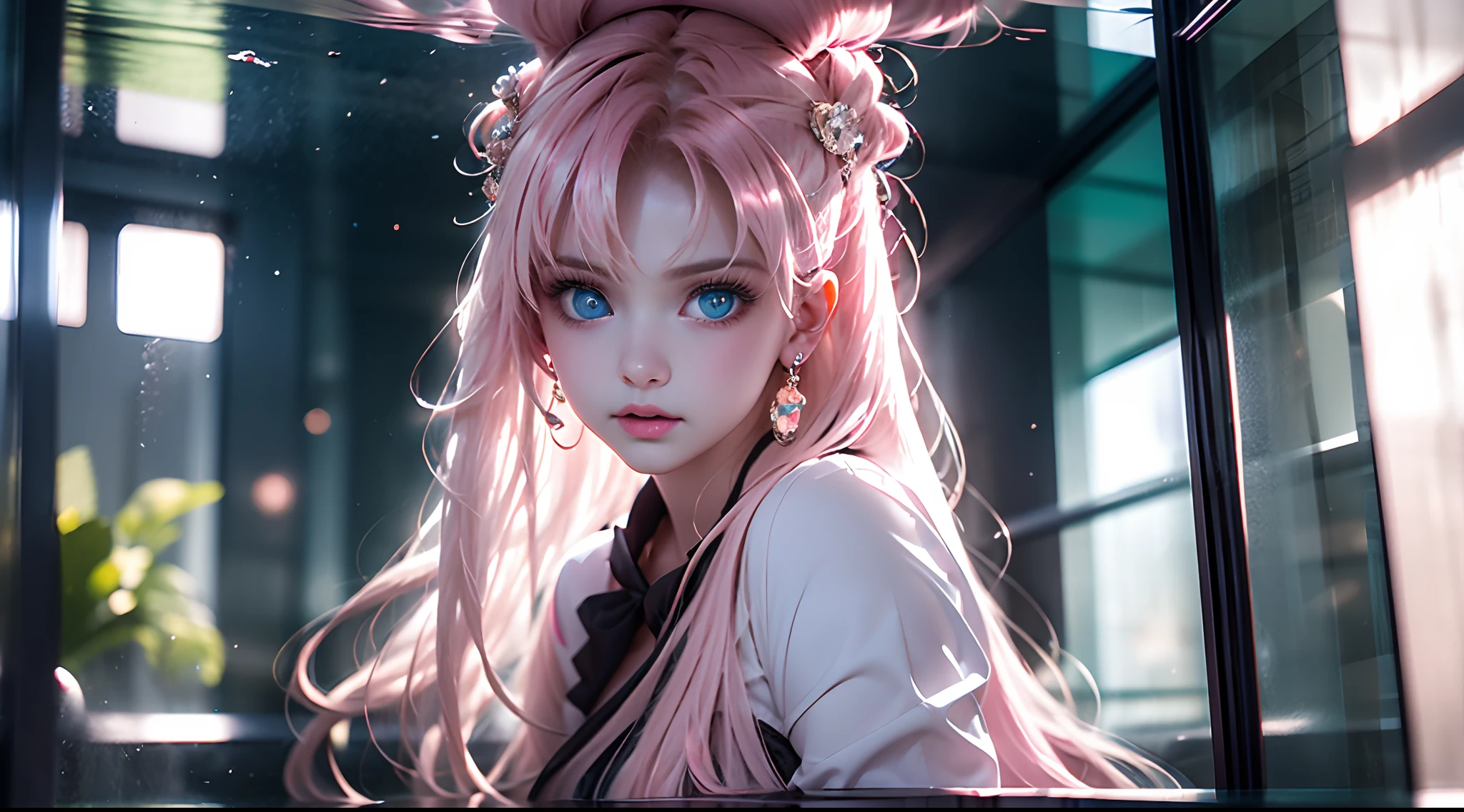 Stand behind a fish tank filled with close-ups of firs，looking at viewert，Long green hair，Dull hair，Pink hair accessories，sparkle eyes，Eye-catching， Clear and bright light blue eyes，The corners of the mouth are upturned，HD quality wallpaper，refracted light，The water is crystal clear，The head is especially depicted in the picture，3Drenderingof