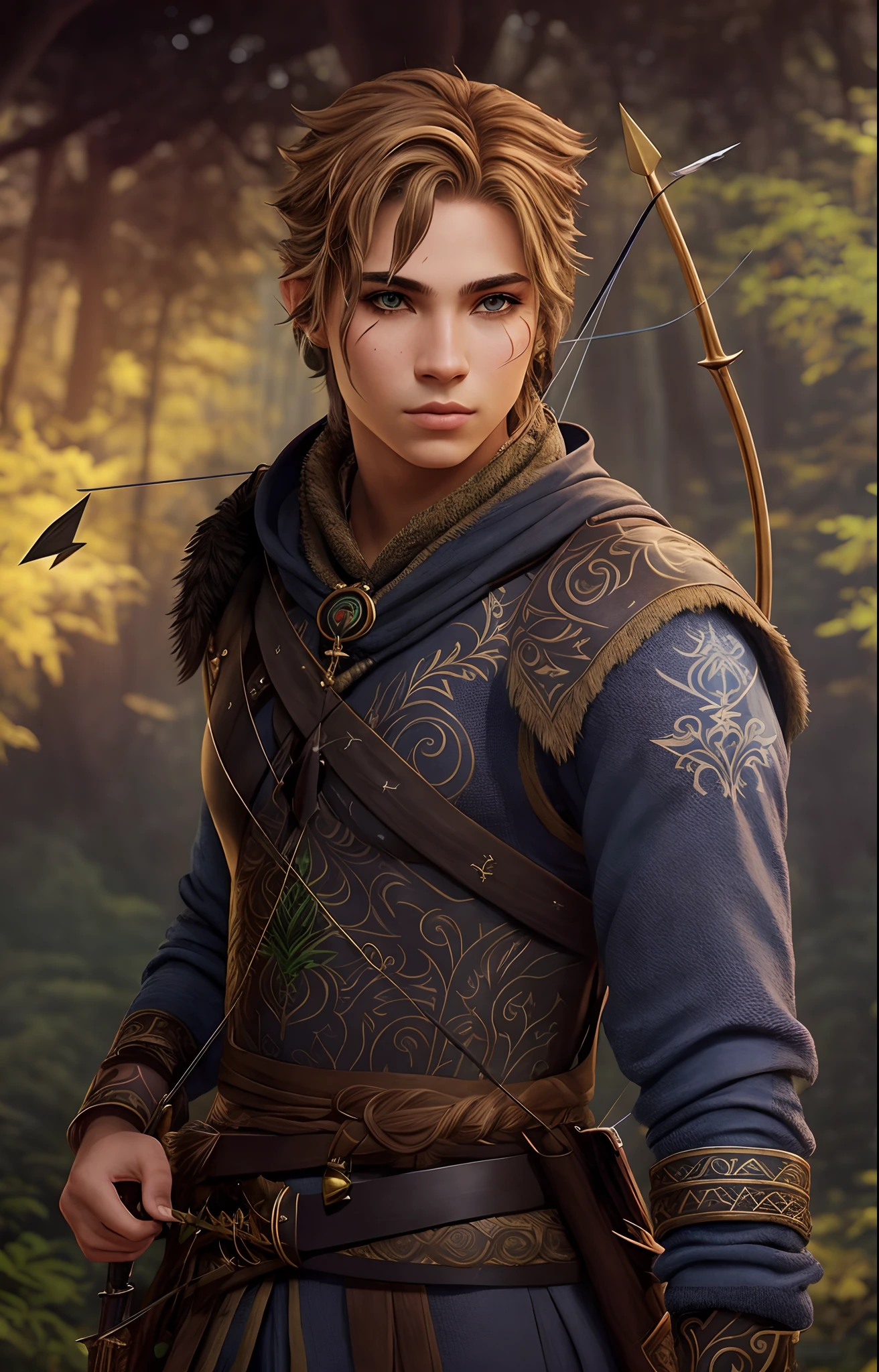 Jovem, 15 anos, epic RPG portrait, forest archer, bow and arrow, sardas no rosto, arte de fantasia realista, roupas couro e azuis, arms tattoos, face tattoos, runic tattoos, glowing tattoos, forest background.