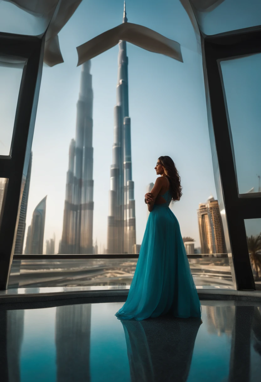 Scene: A breathtaking skyline in Dubai, with towering skyscrapers that feature modern and unique designs. The skyscrapers should be colossal and reach skywards. Lighting: The time of day is such that the sunlight is reflecting off the glass facades of the skyscrapers, emphasizing their majesty. Character: A female person stands in the foreground. She appears fascinated, looking upwards in admiration at the surrounding structures. Attire: The character is wearing a blue dress and is fully dressed. Caption: Please include a caption in one corner of the image that reads, "Dubai's skyscrapers are incredible!" Please ensure the visualization is stable and clearly illustrates the awe and majesty of the Dubai skyline