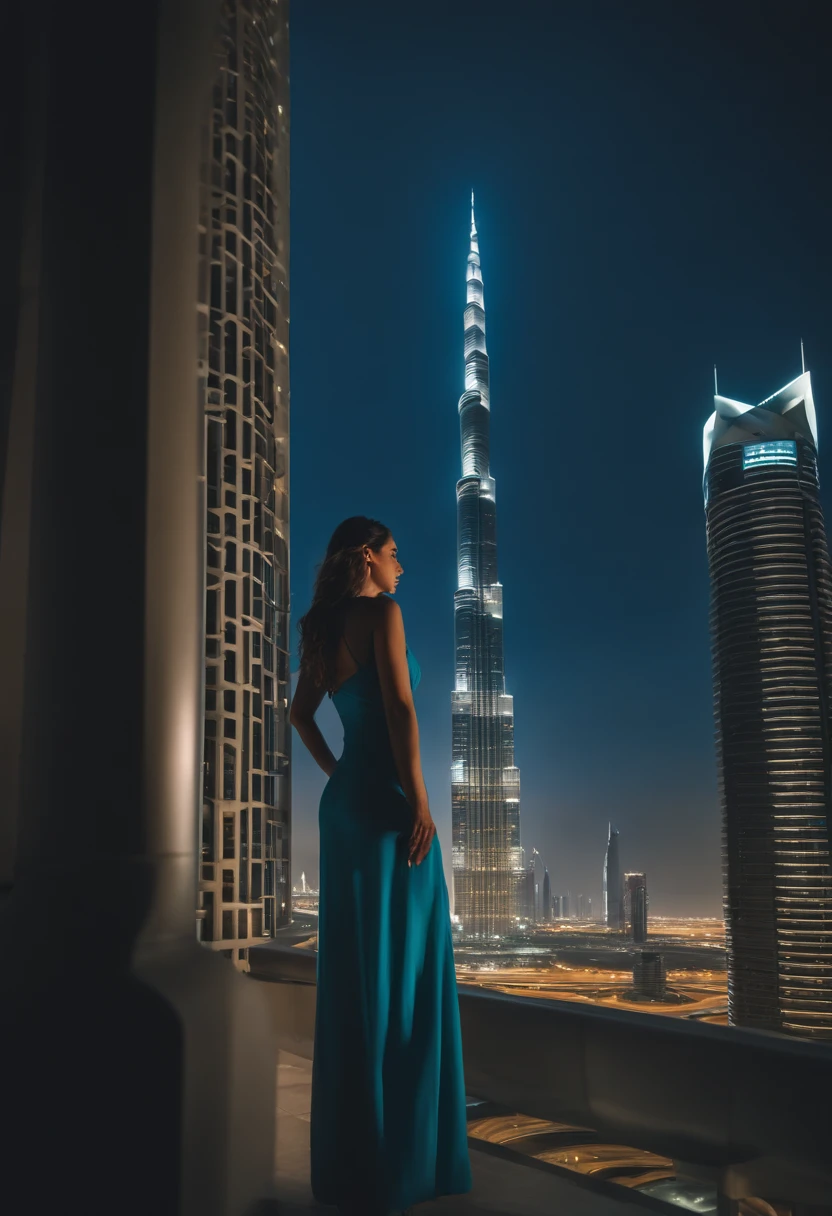 Scene: A breathtaking skyline in Dubai, with towering skyscrapers that feature modern and unique designs. The skyscrapers should be colossal and reach skywards. Lighting: The time of day is such that the sunlight is reflecting off the glass facades of the skyscrapers, emphasizing their majesty. Character: A female person stands in the foreground. She appears fascinated, looking upwards in admiration at the surrounding structures. Attire: The character is wearing a blue dress and is fully dressed. Caption: Please include a caption in one corner of the image that reads, "Dubai's skyscrapers are incredible!" Please ensure the visualization is stable and clearly illustrates the awe and majesty of the Dubai skyline