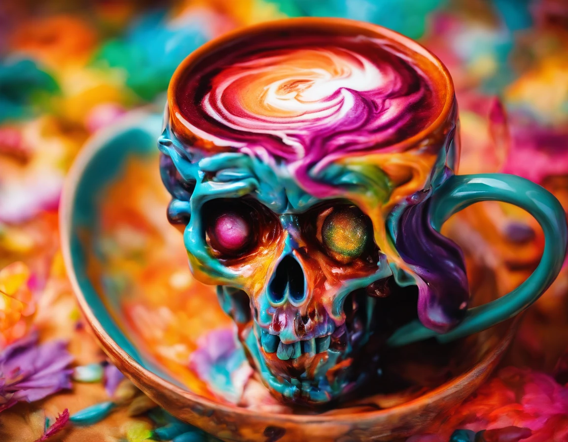a skull mug, latte art, view from above, gremlin, sinister smile, (vivid colors: 1.5)