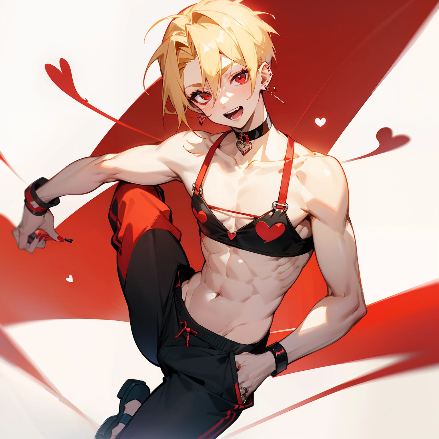 Bra Top, blonde guy, jewely, Ring, Blonde hair, Solo, Red heart symbol, Red Eyes, Looking at the viewer, Red Nails, Short hair, Undercut, A smile, One Boy, Open mouth, Male Focus, Jersey pants, Navel, Choker, off shoulders、Red heart earrings、The mowed part is black、break dance