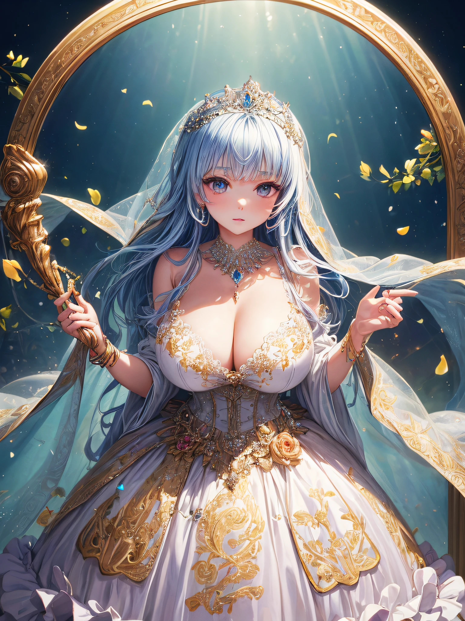 (masterpiece, best quality,extremely detailed,moe anime art style:1.1),1girl, (solo), cute, kawaii,digital art,((1 bling-bling anime princess wearing beautiful embroidery and jeweled gorgeous princess ballgown with voluminous full length hoop skirt)),((crinoline)),long train,voluminous frills,(gorgeous embroidery and beautiful lace),(very gigantic boobs,cleavage,skindentation),((shiny hair,absurdly straight long hair)),((finely detailed face and eyes)),clear pupil,extremely gorgeousfull hair ornament,(bling-bling jeweled extremely gorgeousfull tiara),((bling-bling gorgeous gemstone jewelry)),long veil,((beautiful background)),flowers,flower petals flowing,(looking away),((beautiful embroidery and jeweled gorgeous princess ballgown with voluminous full length hoop skirt))