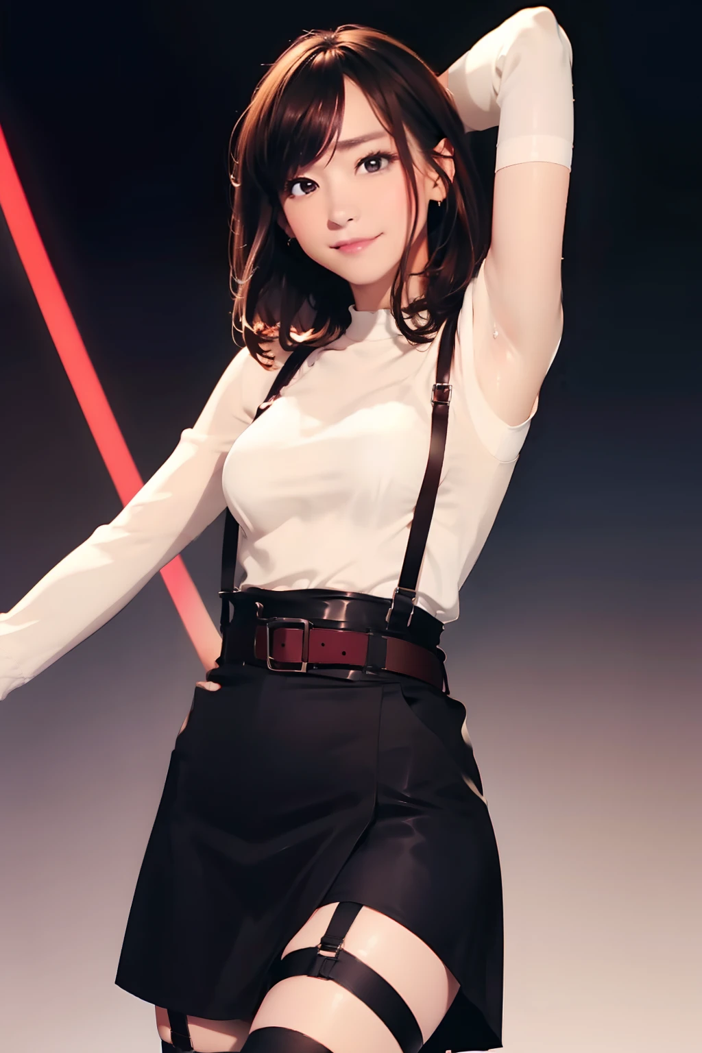 Black skirt, suspenders, Brown hair Gray eyes, Garter belt on the legs, Tight clothes, a belt Armpit sweat Tight look Moderate breasts