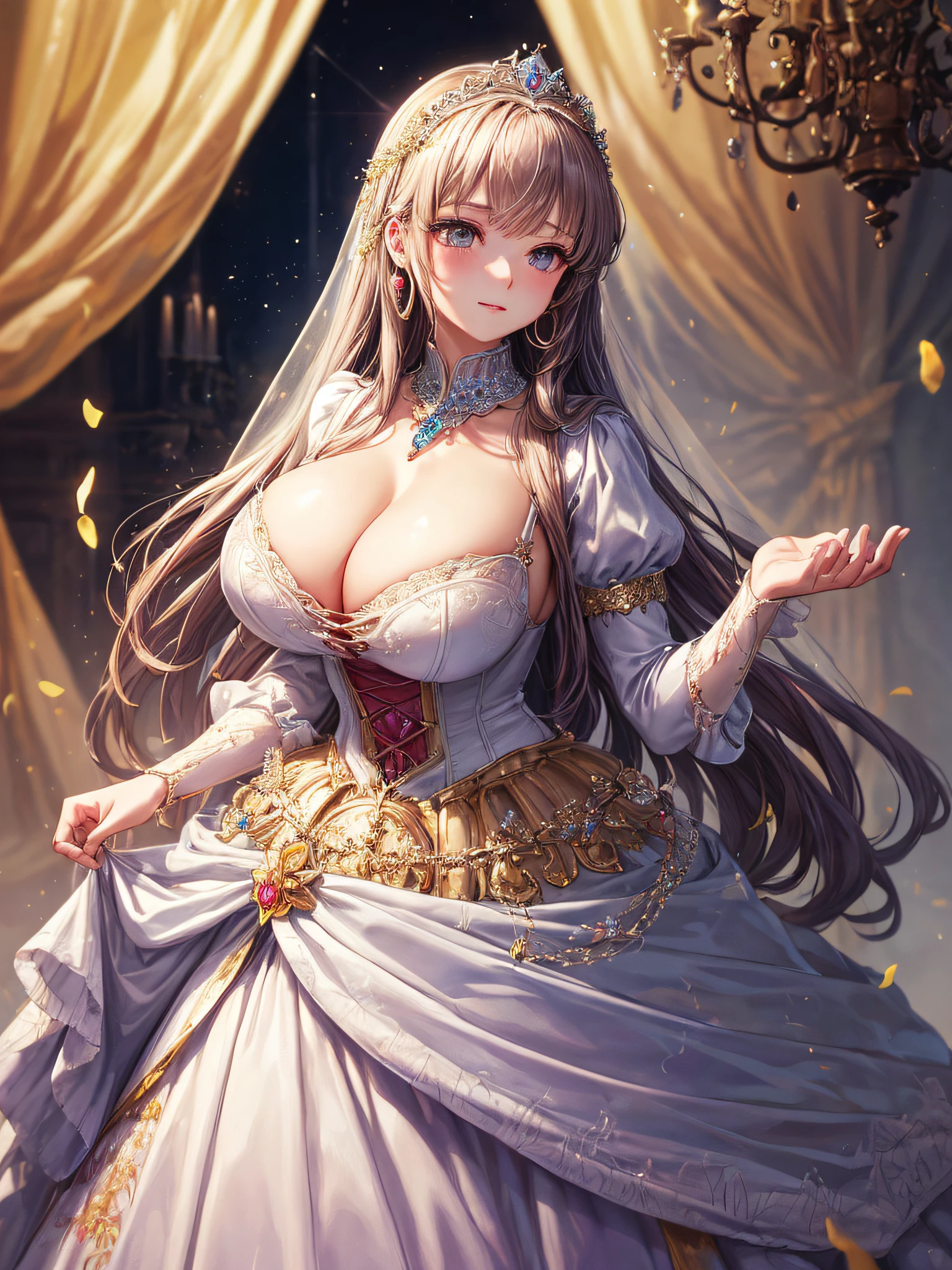 (masterpiece, best quality,extremely detailed,moe anime art style:1.1),1girl, (solo), cute, kawaii,digital art,((1 bling-bling anime princess wearing beautiful embroidery and jeweled gorgeous princess ballgown with voluminous full length hoop skirt)),((crinoline)),long train,voluminous frills,(gorgeous embroidery and beautiful lace),(very gigantic boobs,cleavage,skindentation),((shiny hair,absurdly straight long hair)),((finely detailed face and eyes)),clear pupil,extremely gorgeousfull hair ornament,(bling-bling jeweled extremely gorgeousfull tiara),((bling-bling gorgeous gemstone jewelry)),long veil,((beautiful background)),flowers,flower petals flowing,(looking away),((beautiful embroidery and jeweled gorgeous princess ballgown with voluminous full length hoop skirt))