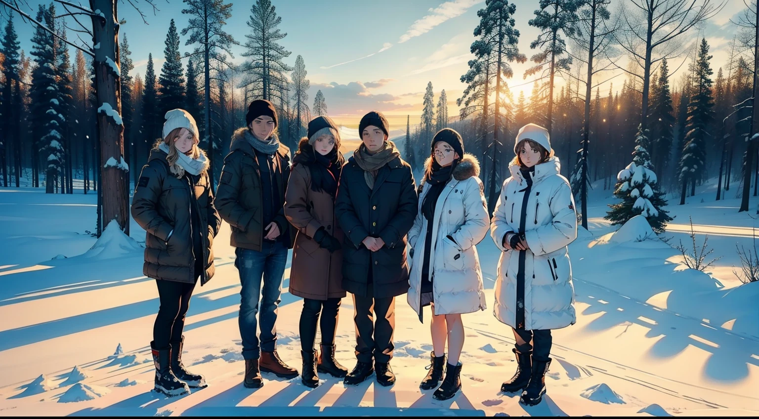 beautiful Women and men standing in the snow in the middle of a field, standing in the snow, in the snow, in sunny weather, only snow in the background, sunny winter day, in snow, cold sunny weather, only snow in the background, siberia!!, winter in the snow, forest in the background, in front of a forest background, in the winter, portrait