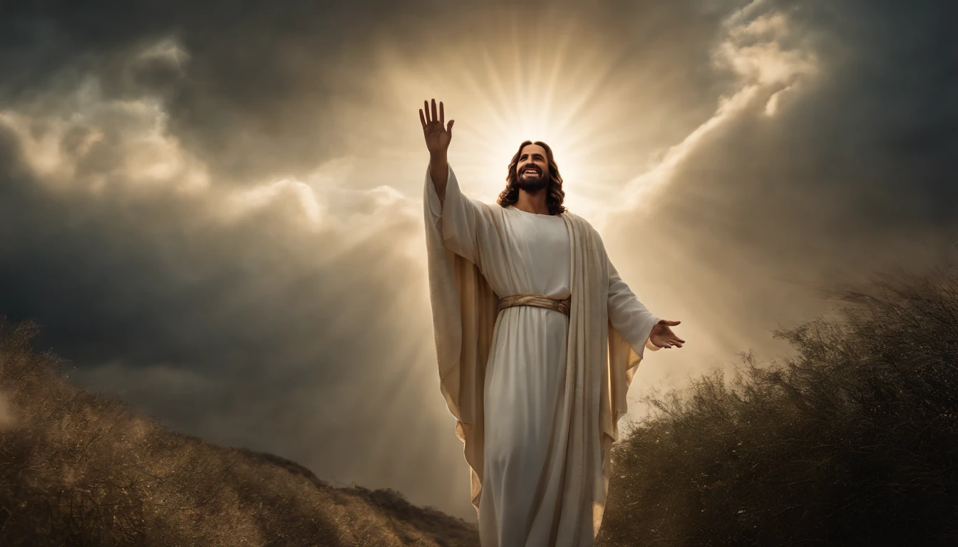 jesus cristo em vestes brancas envolto de luz, An angel high in the sky in the midst of the clouds, jesus cristo glorioso, Resurrection, smiling and reaching out. arte sacra
