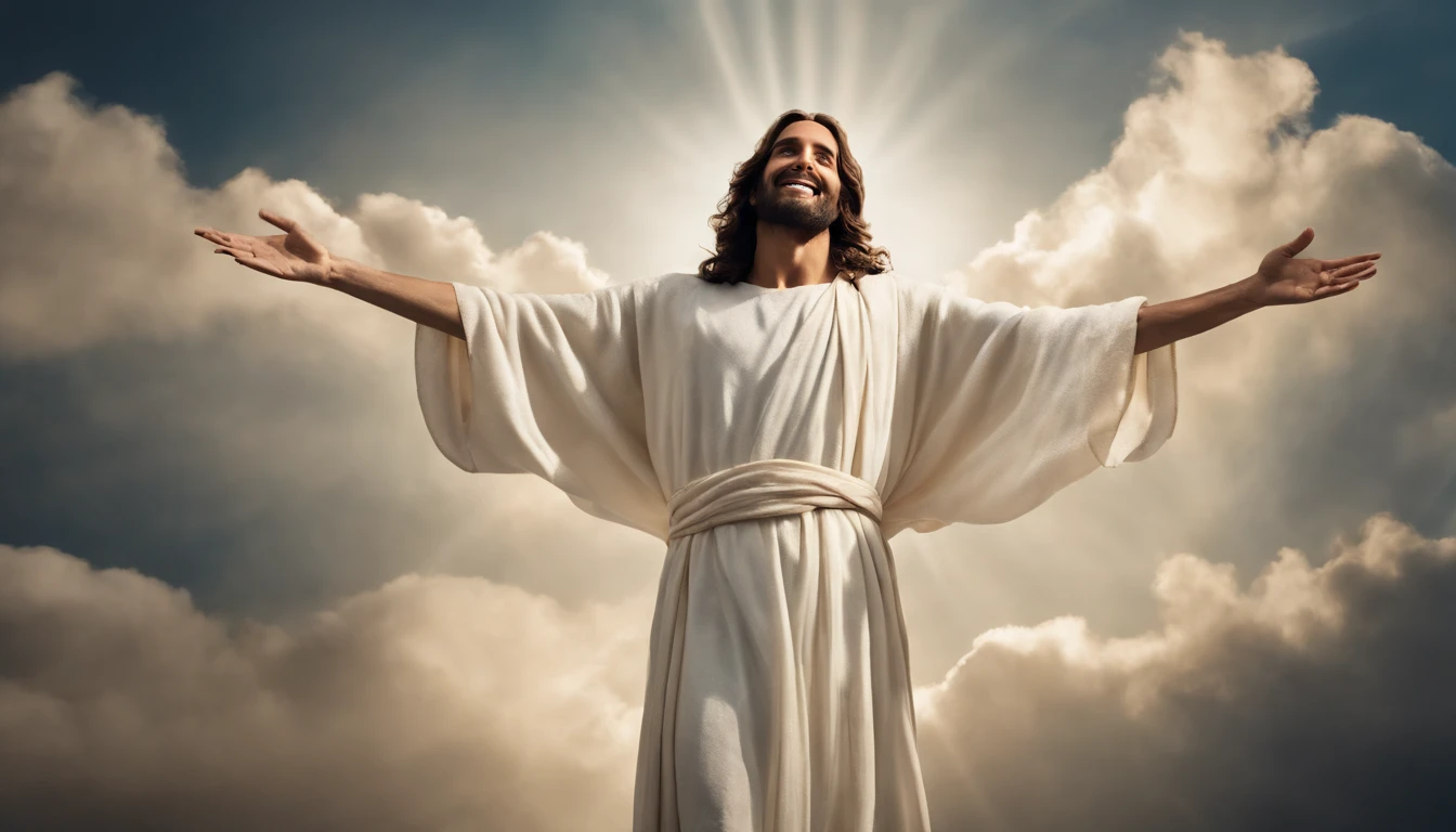 jesus cristo em vestes brancas envolto de luz, An angel high in the sky in the midst of the clouds, jesus cristo glorioso, Resurrection, smiling and reaching out. arte sacra