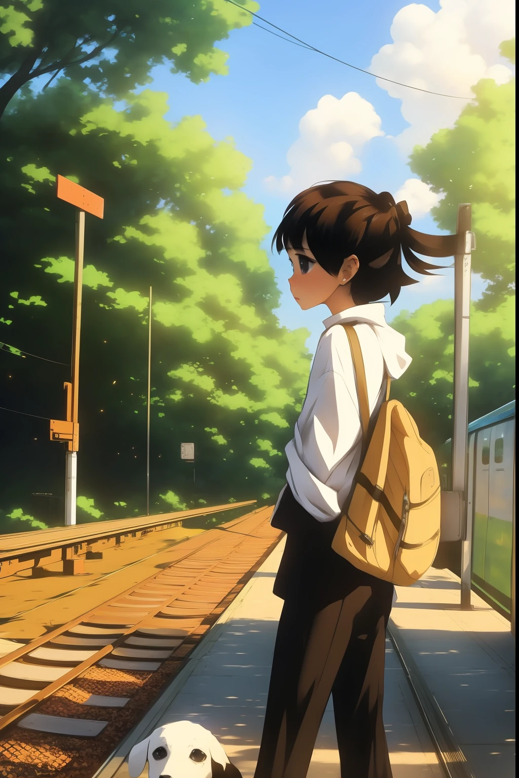 Anime girl is waiting for a passing train with her dog, Made in Anime Painter Studio, Painted in Anime Painter Studio, In Makoto Shinkai style, A work of art in the style of Guwayza, Kos Kanaoka, A lonely girl waiting for a train, Makoto Shinkai Cyril Rolando, Realistic anime 3D style
 by samdoesarts,