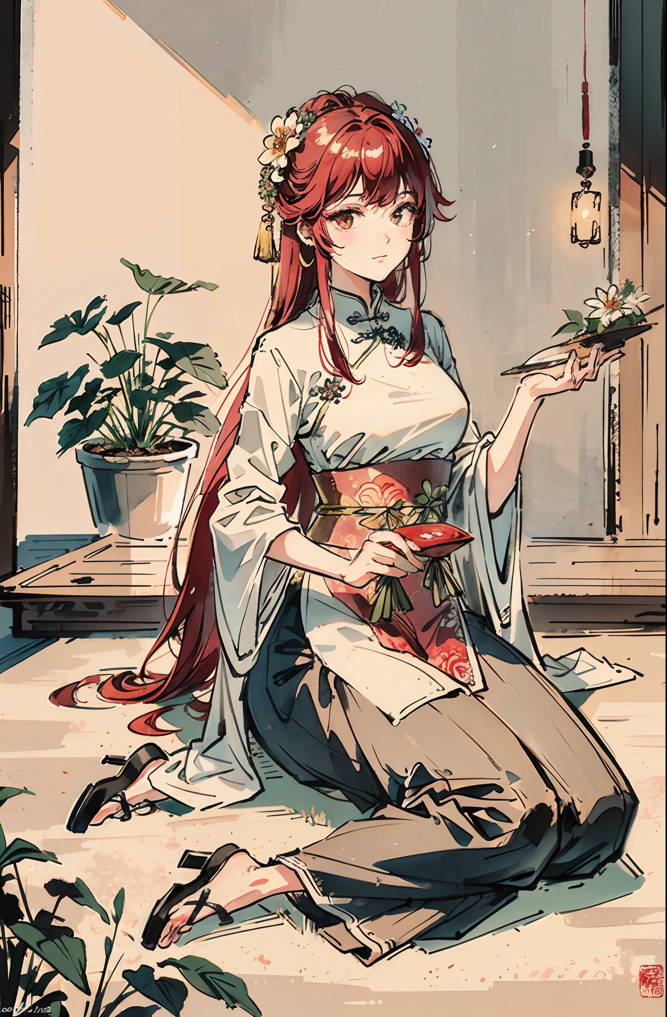 (Masterpiece, best quality: 1.2), traditional Chinese ink painting, bluegrass, a plant, flower, a goddess of flowers in a temple, red hair