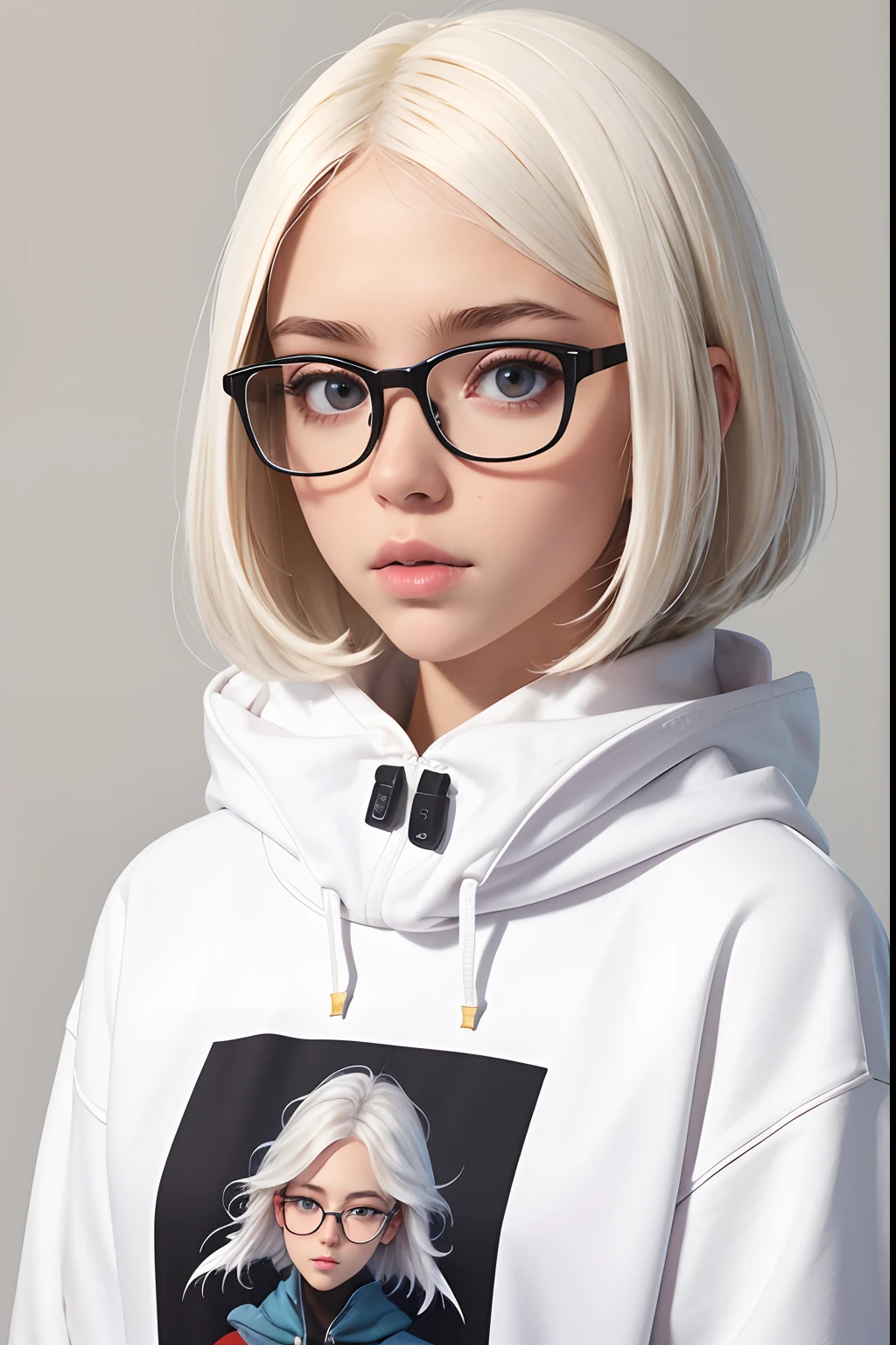 (Amiya:0.9), closed mouth, white colored hair, White Skin Skin, Cyan eyes, Short shoulder-length hair, eyeglasses, Head shot, facial focus, well-proportioned, well-proportioned, wearing a hoodie, black sweatshirt, (Black clothes), looking at the viewer, (tmasterpiece), (beste-Qualit:1.2), absurdress, intricate detials, Rimlit, (highly detailed skin:1.2),