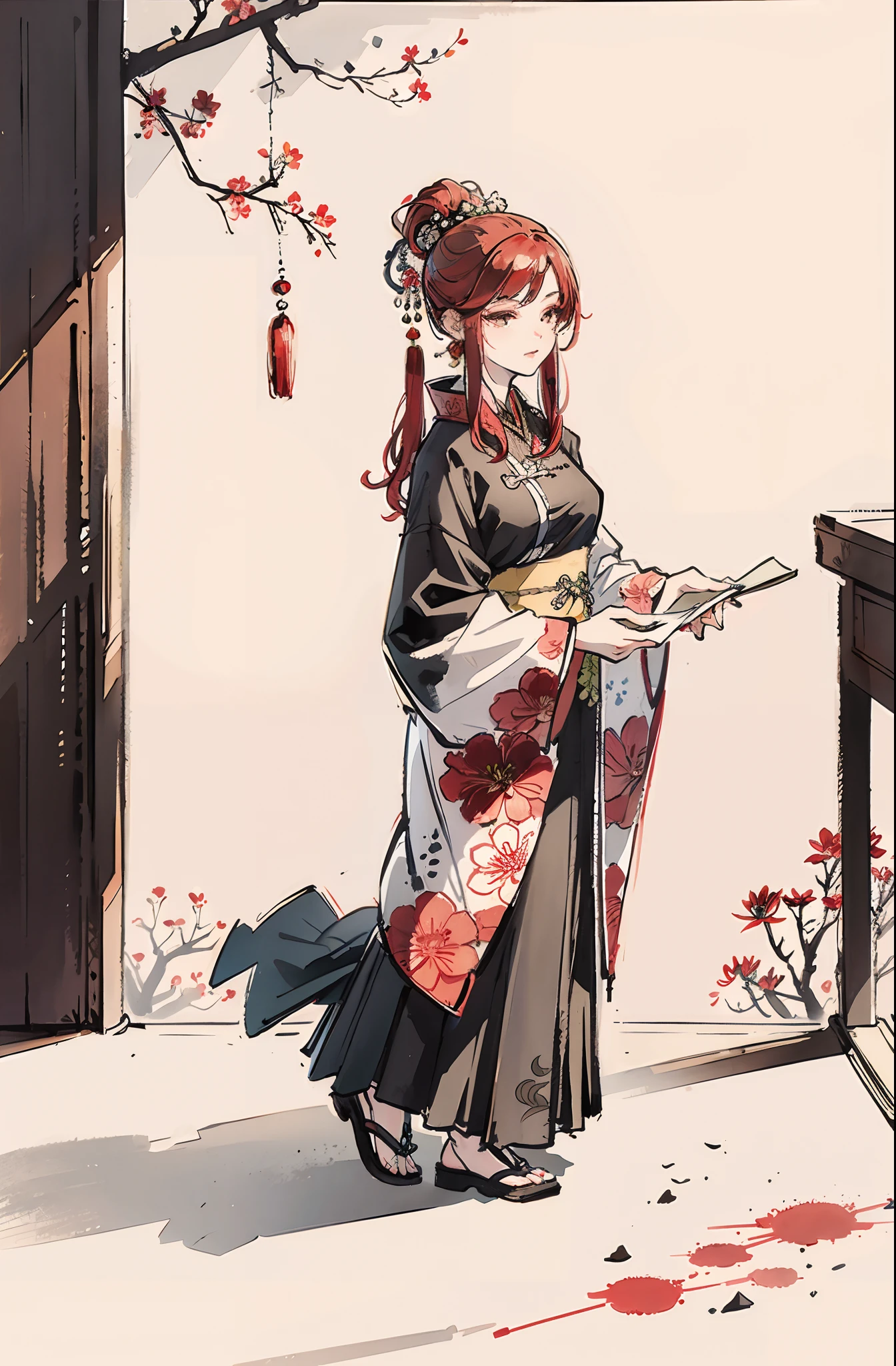 (Masterpiece, best quality: 1.2), traditional Chinese ink painting, bluegrass, a plant, flower, a goddess of flowers in a temple, red hair