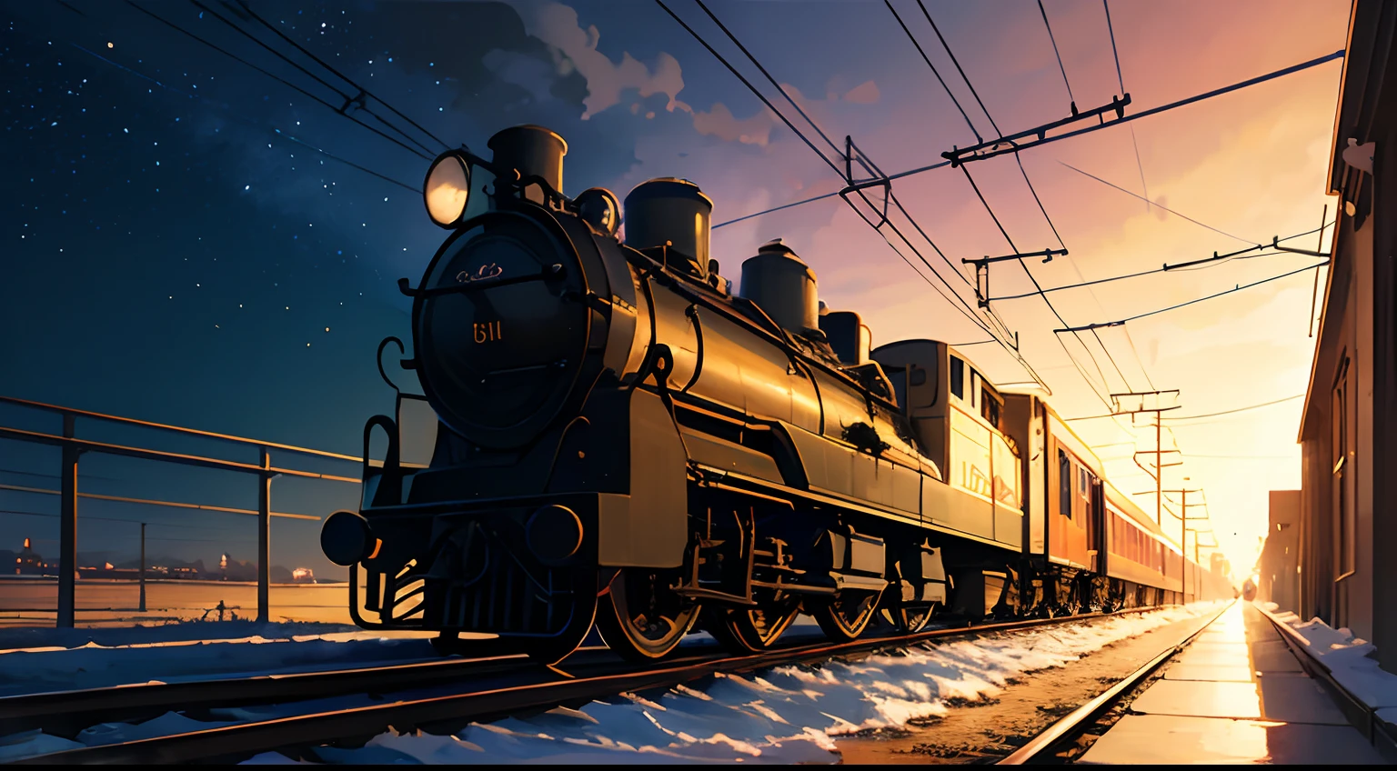High quality masterpiece ,scenecy,Anime train passing through bodies of water on tracks, Glittering starry sky。Romantic train,Pisif,concept-art,Lofi art style,Reflectors。 By Makoto Shinkai, Lofi art, beautiful anime scenes, Anime landscapes, Detailed scenery —width 672, in the style of makoto shinkai, Makoto Shinkai's style,Detail enhancement