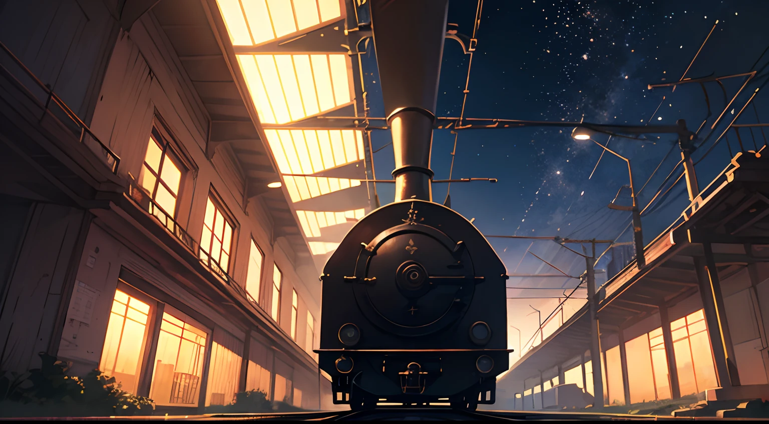 High quality masterpiece ,scenecy,Anime train passing through bodies of water on tracks, Glittering starry sky。Romantic train,Pisif,concept-art,Lofi art style,Reflectors。 By Makoto Shinkai, Lofi art, beautiful anime scenes, Anime landscapes, Detailed scenery —width 672, in the style of makoto shinkai, Makoto Shinkai's style,Detail enhancement