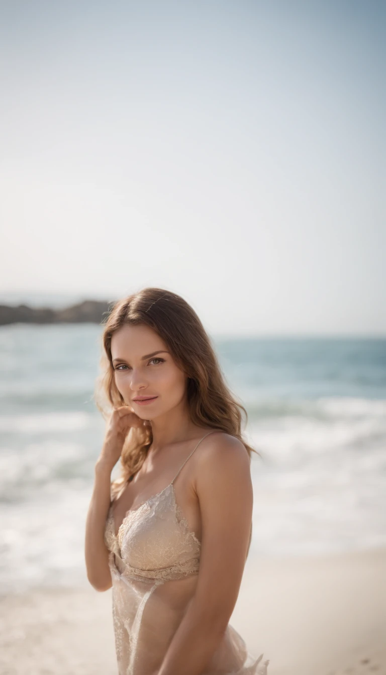 qualidade superior、obra prima、超A high resolution、retrato de corpo inteiro、(Fotorrealista:1.4)、FOTO CRU、Uma mulher no mundo、Textura facial detalhada、Cool summer beach in Bikini、