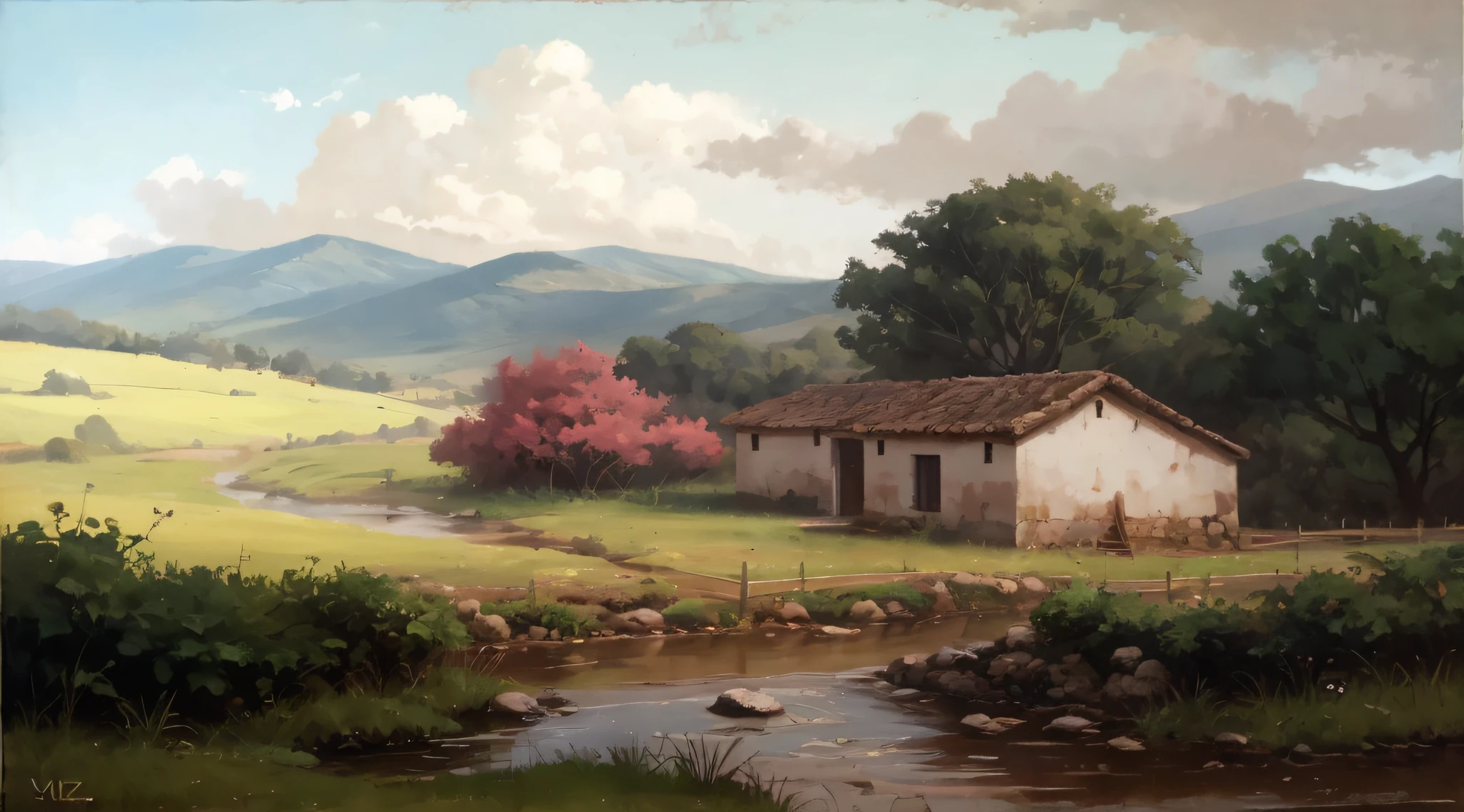 painting of a small house in a field with a stream running through it, Directed by: Victor Adame Minguez, country landscape, Directed by: Carlos Francisco Chang Marin, Directed by: Pedro Pedraja, paisagem rural, peaceful landscape, beautiful oil matte painting, by Roberto Parada, Daniel Lezama estilo de pintura, oil digital painting, Directed by: Jenaro de Urrutia Olaran