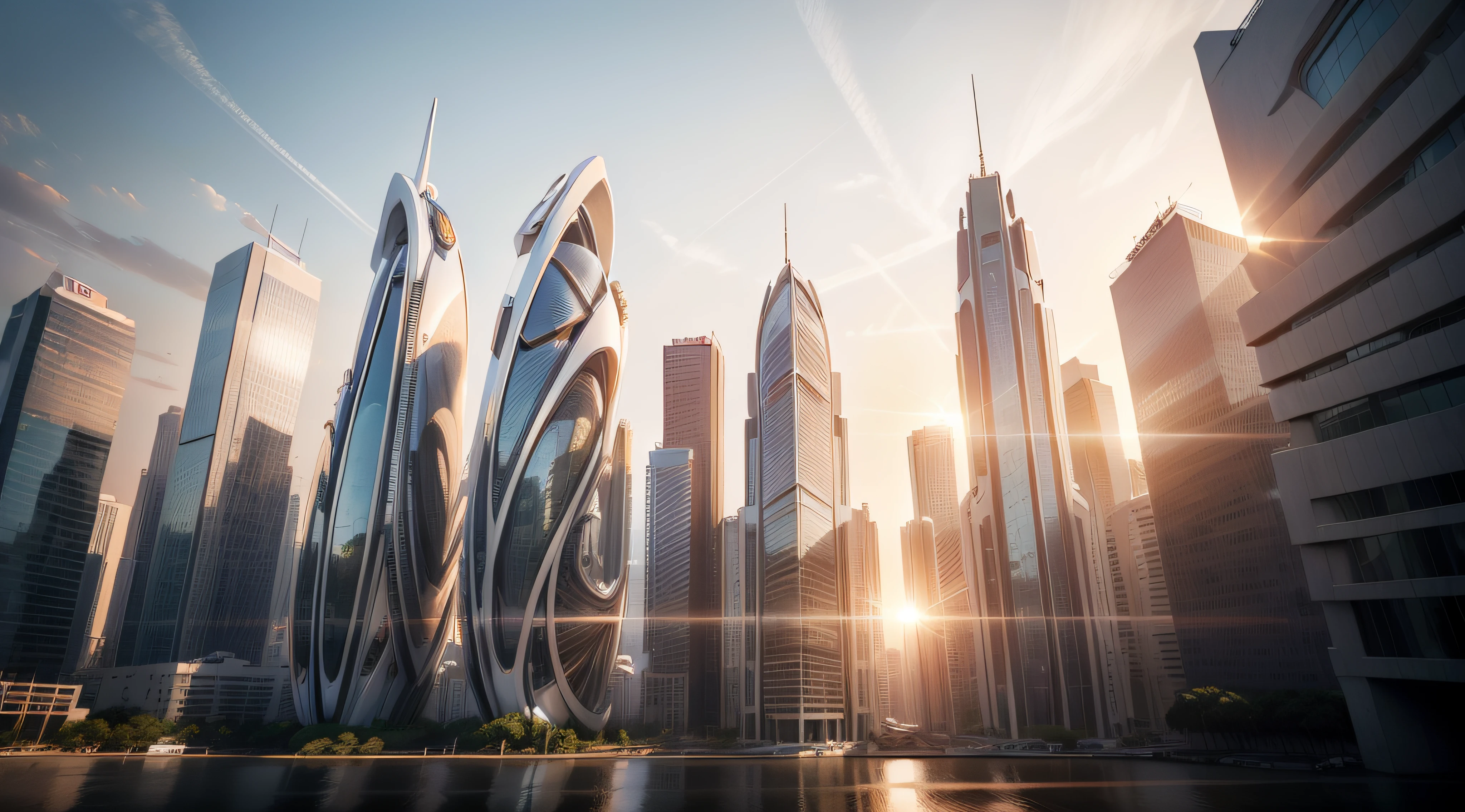 ((master part, melhor qualidade)), 8k, Modern skyscraper, estilo de arquitetura futurista zaha hadid, foto realista, cidade sem prediosfoto hiper detalhada, sky clear, sun sunset