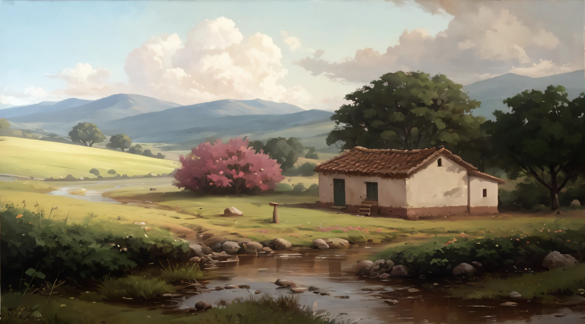 painting of a small house in a field with a stream running through it, Directed by: Victor Adame Minguez, country landscape, Directed by: Carlos Francisco Chang Marin, Directed by: Pedro Pedraja, paisagem rural, peaceful landscape, beautiful oil matte painting, by Roberto Parada, Daniel Lezama estilo de pintura, oil digital painting, Directed by: Jenaro de Urrutia Olaran