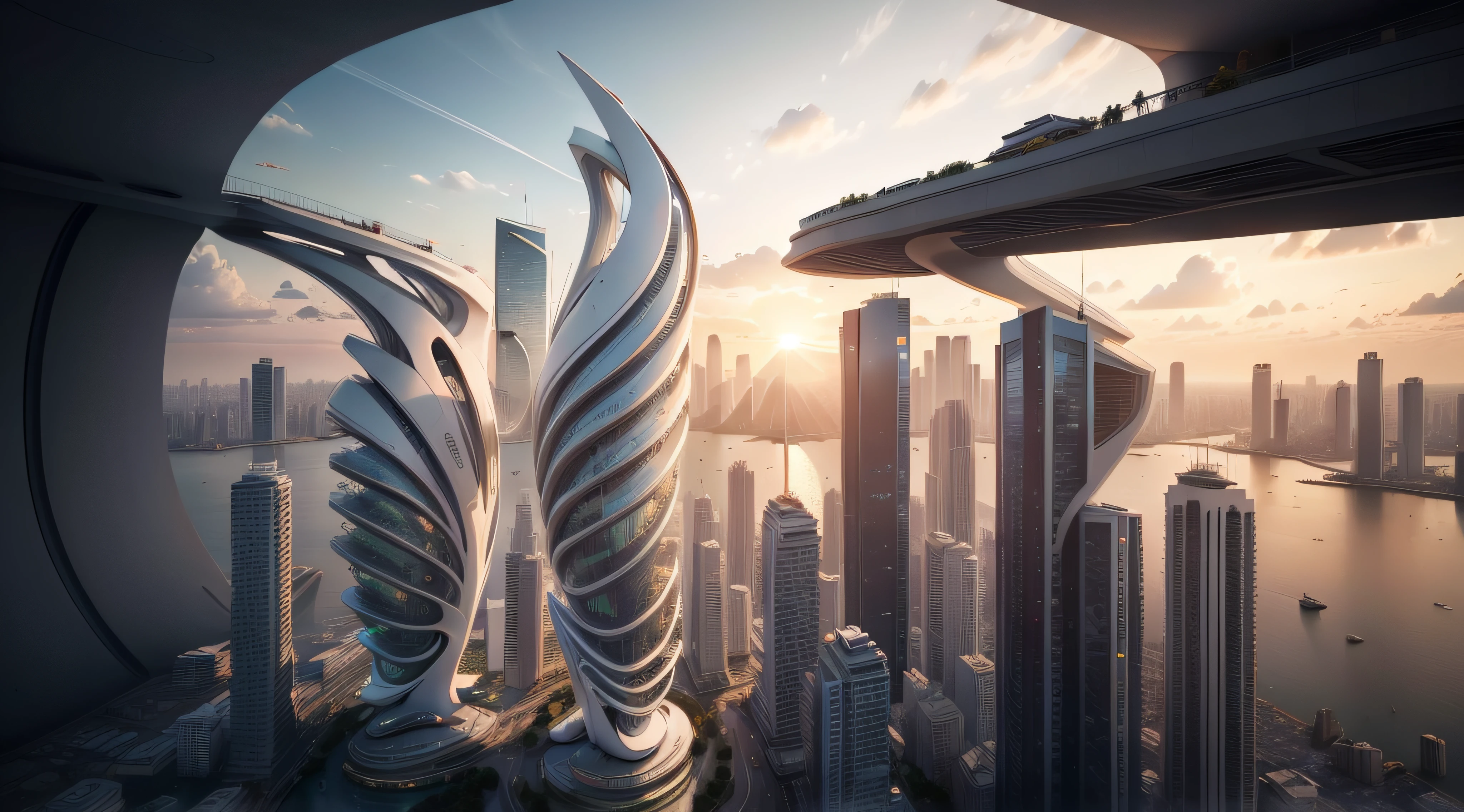 ((master part, melhor qualidade)), 8k, Focus on the modern skyscraper, estilo de arquitetura futurista zaha hadid, foto realista, foto hiper detalhada, sky clear, CIDADE FUTURISTA, evening time, sun sunset