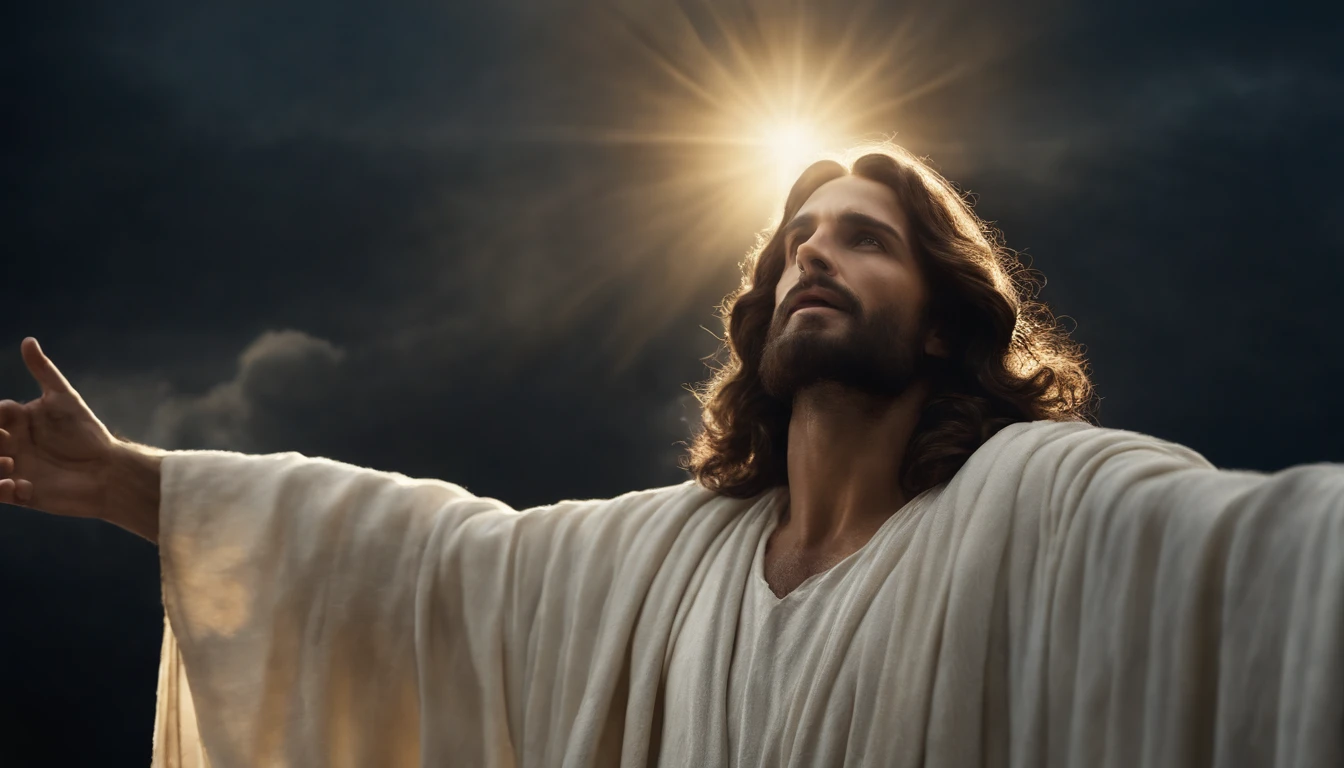 jesus cristo em vestes brancas envolto de luz, An angel high in the sky in the midst of the clouds, Jesus Cristo glorioso, Resurrection, holding out his hand. alto detalhes no rosto,