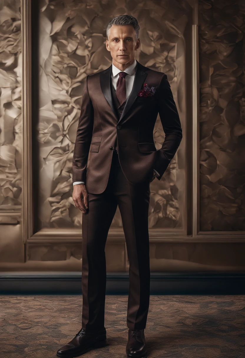 Cinematic photo, wide angle, of a handsom man, tall and fit, 40 years old, (shaven:1.4) , short curly brown hair. dark brown tight velvet suit, (the jacket has black flower patterns:1.2). A clean composition, strong details, Muted Colours, Hasselblad --style raw
