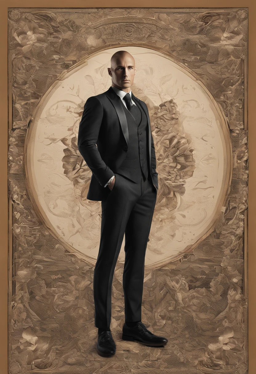 Cinematic photo, wide angle, of a handsom man, tall and fit, 40 years old, (shaven:1.4) , short curly brown hair. dark brown tight velvet suit, (the jacket has black flower patterns:1.2). A clean composition, strong details, Muted Colours, Hasselblad --style raw
