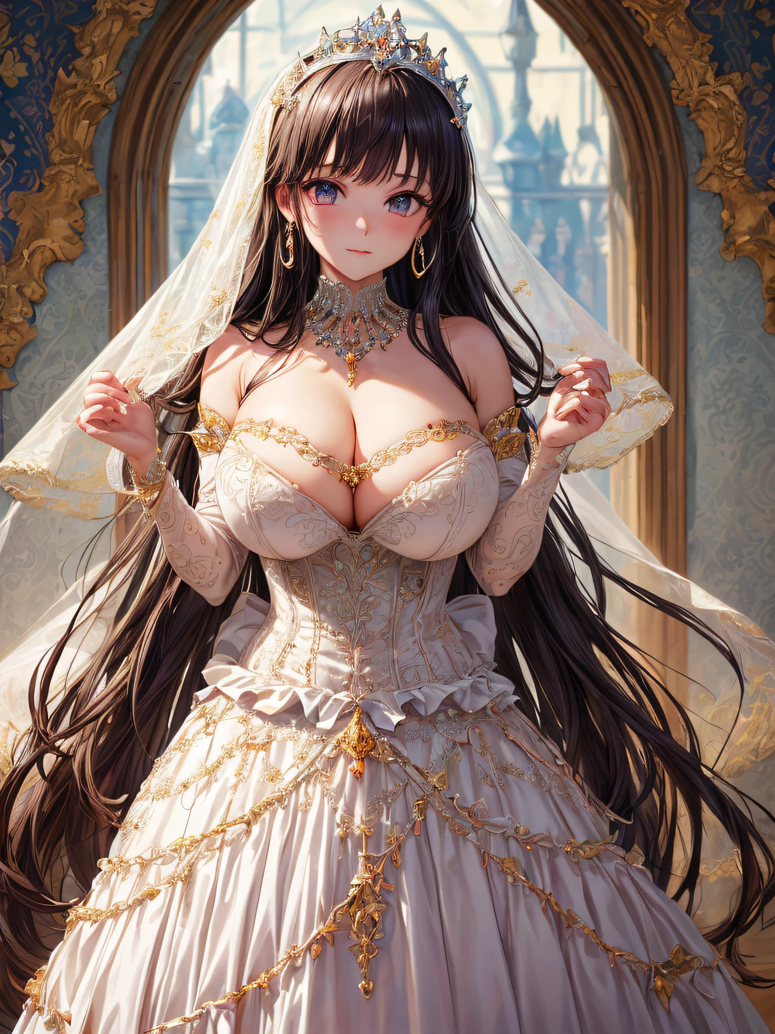 (masterpiece, best quality,extremely detailed,moe anime art style:1.1),1girl, (solo), cute, kawaii,digital art,((1 bling-bling anime princess wearing beautiful embroidery and jeweled gorgeous princess ballgown with voluminous full length hoop skirt)),((crinoline)),long train,voluminous frills,(gorgeous embroidery and beautiful lace),(very gigantic boobs,cleavage,skindentation),((shiny hair,absurdly straight long hair)),((finely detailed face and eyes)),clear pupil,extremely gorgeousfull hair ornament,(bling-bling jeweled extremely gorgeousfull tiara),((bling-bling gorgeous gemstone jewelry)),long veil,((beautiful background)),flowers,flower petals flowing,(looking away),((beautiful embroidery and jeweled gorgeous princess ballgown with voluminous full length hoop skirt))