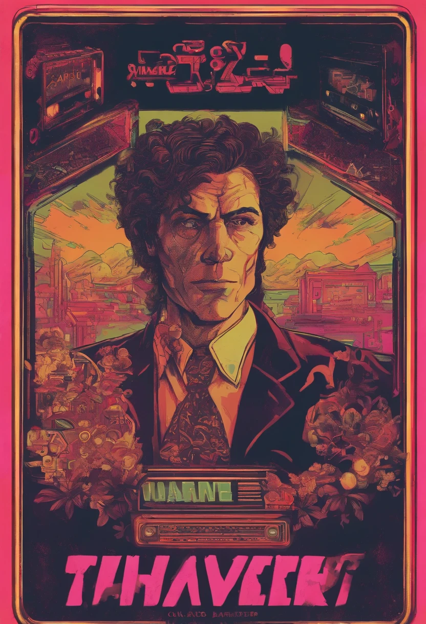 Cinematic photo, wide angle, of a handsom man, tall and fit, 40 years old, (shaven:1.4) , short curly brown hair. dark brown tight velvet suit, (the jacket has black flower patterns:1.2). clean composition, strong details, Muted Colours, Hasselblad --style raw