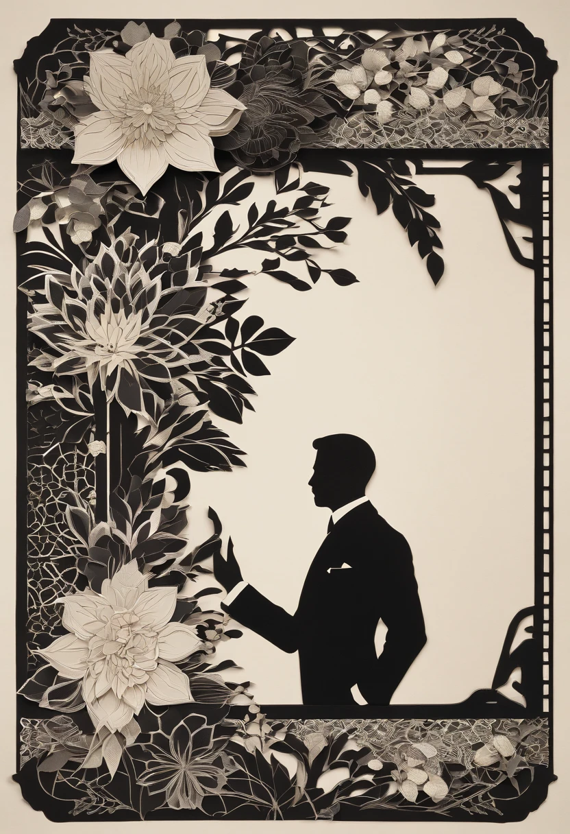 Cinematic photo, Grand angle, of a handsom man, Grand et en forme, 40 ans, (shaven:1.4) , curly short brown hair. Dark brown tight velvet suit, (La veste a des motifs de fleurs noires:1.2). Une composition propre, Strong details, muted colors, Hasselblad --style brut