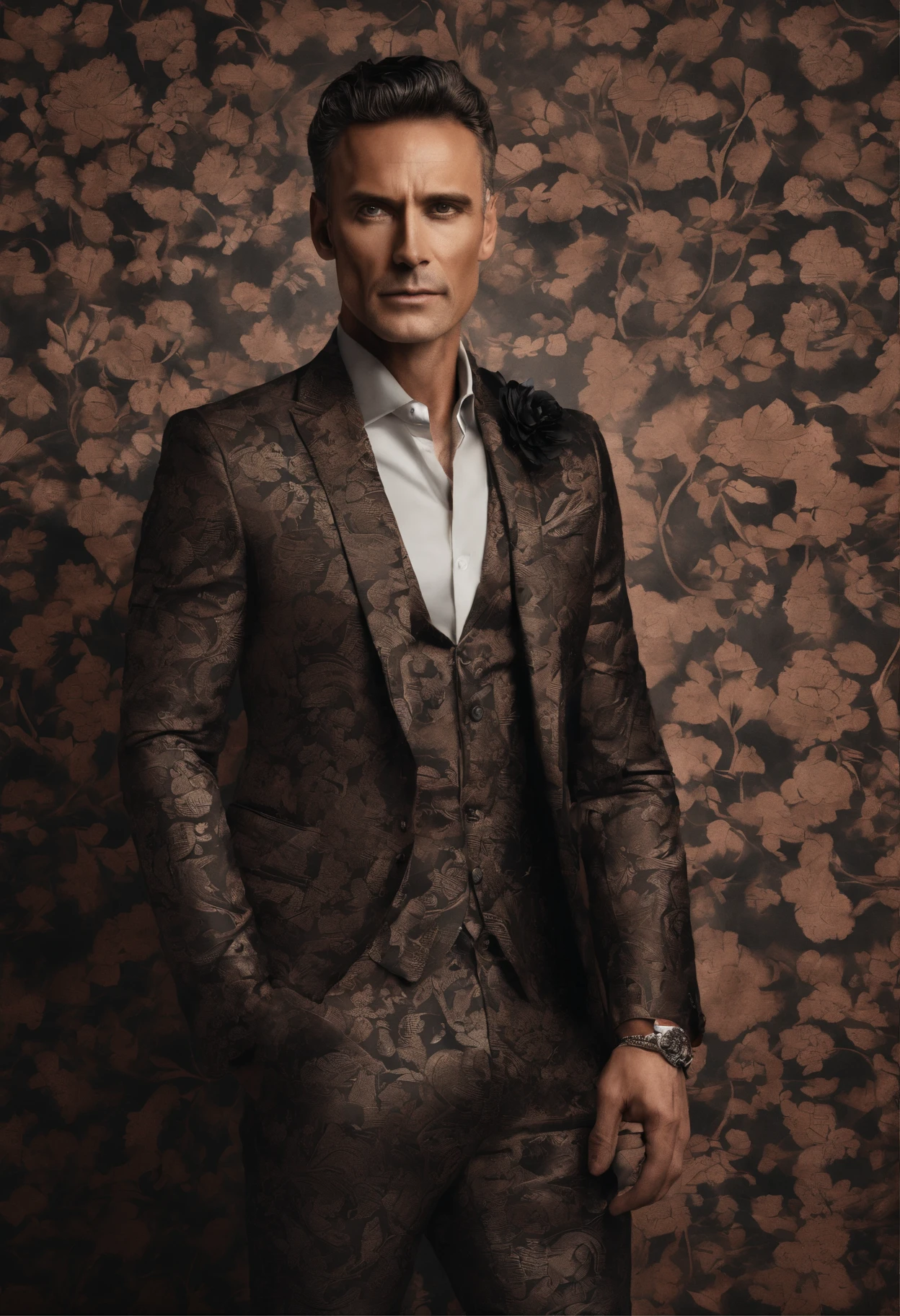 Cinematic photo, wide angle, of a handsom man, tall and fit, 40 years old, (shaven:1.4) , short curly brown hair. dark brown tight velvet suit, (the jacket has black flower patterns:1.2). A clean composition, strong details, Muted Colours, Hasselblad --style raw