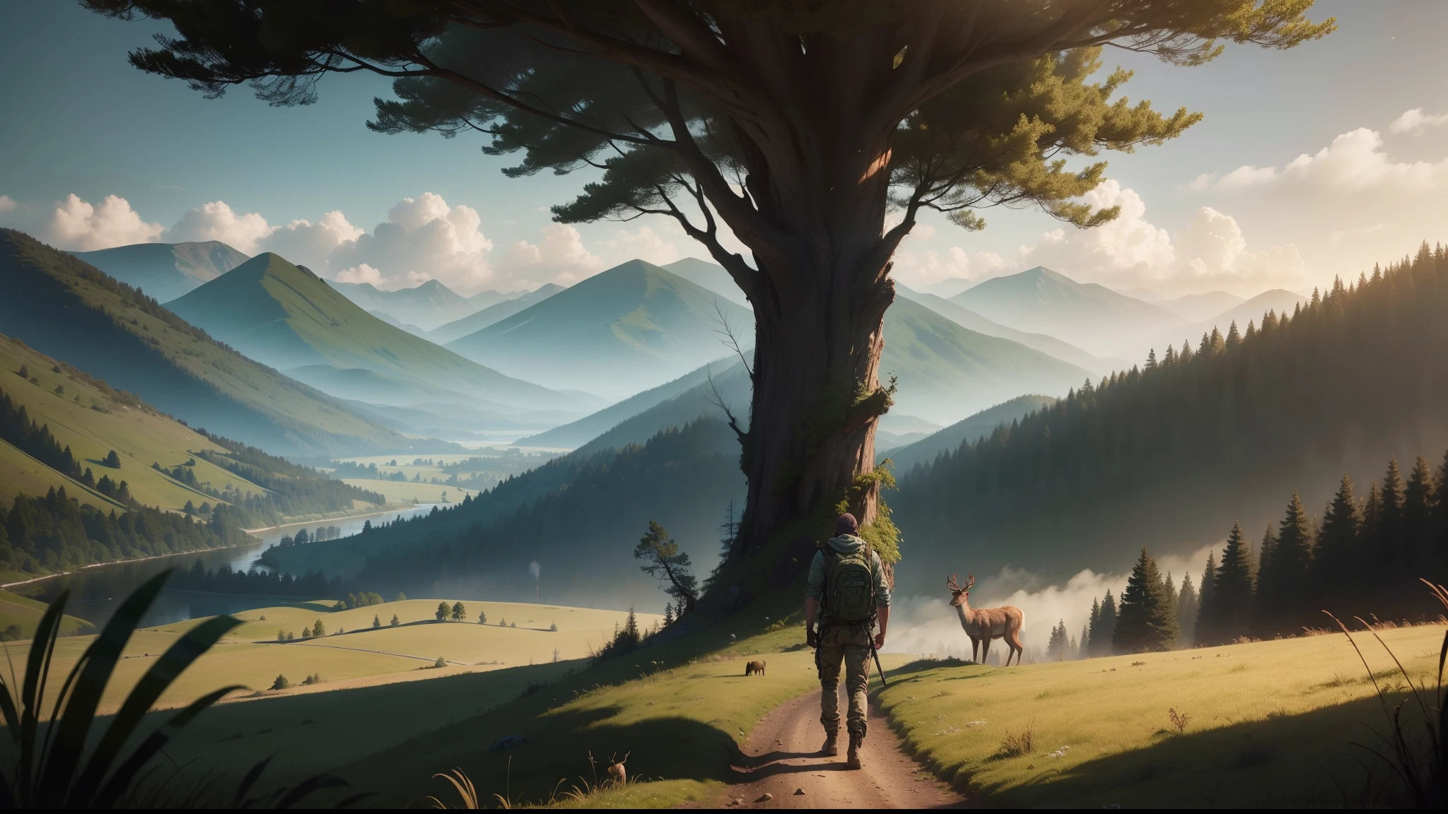(imagem detalhada) (4k), um homem, com aproximadamente 20 anos, em uma floresta, hunting animals, Deer in the background of the scenery, arco e flecha apontado para o veado, Create a scenario, Remember that this man is in a post-apocalyptic zombie scenario;