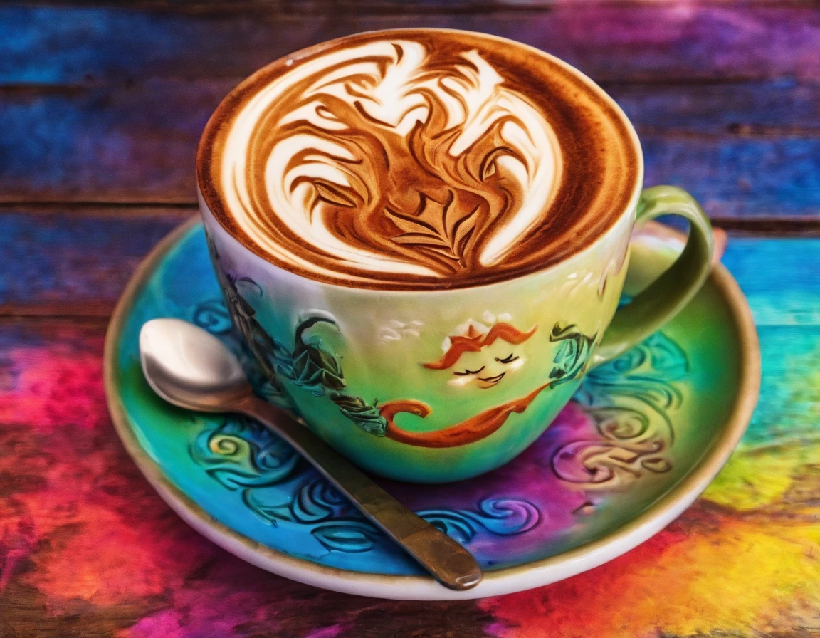 a wooden mug, (latte art:1.3), view from above, gremlin, sinister smile, (vivid colors: 1.5)