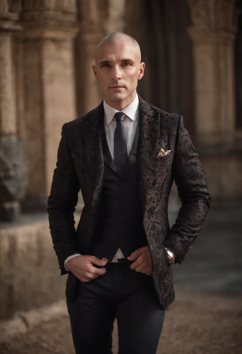 Cinematic photo, wide angle, of a handsom man, tall and fit, 40 years old, (shaven:1.4) , short curly brown hair. dark brown tight velvet suit, (the jacket has black flower patterns:1.2). clean composition, strong details, Muted Colours, Hasselblad --style raw