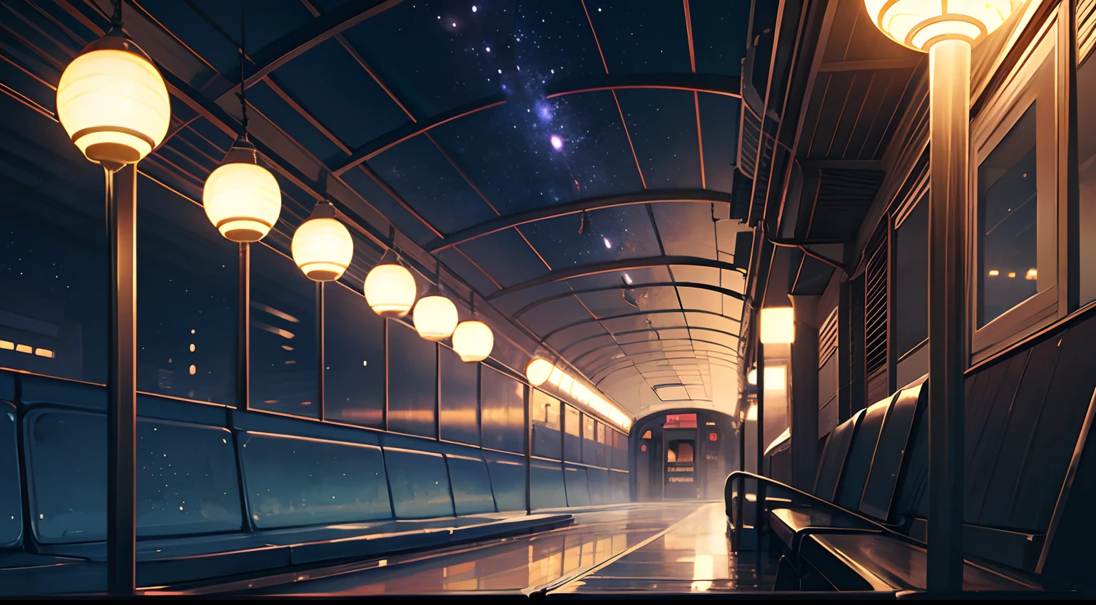 High quality masterpiece ,scenecy,Anime train passing through bodies of water on tracks, Glittering starry sky。Romantic train,Pisif,concept-art,Lofi art style,Reflectors。 By Makoto Shinkai, Lofi art, beautiful anime scenes, Anime landscapes, Detailed scenery —width 672, in the style of makoto shinkai, Makoto Shinkai's style,Detail enhancement