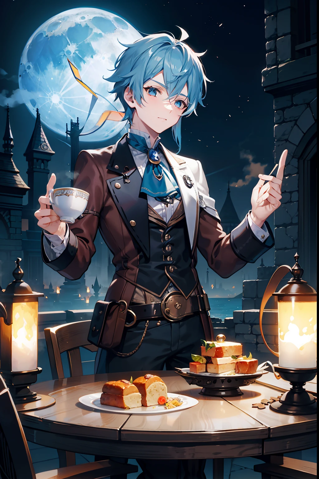 tea parties　male people　twinks　{{ember}}　steampunc 　Blue moon in the sky