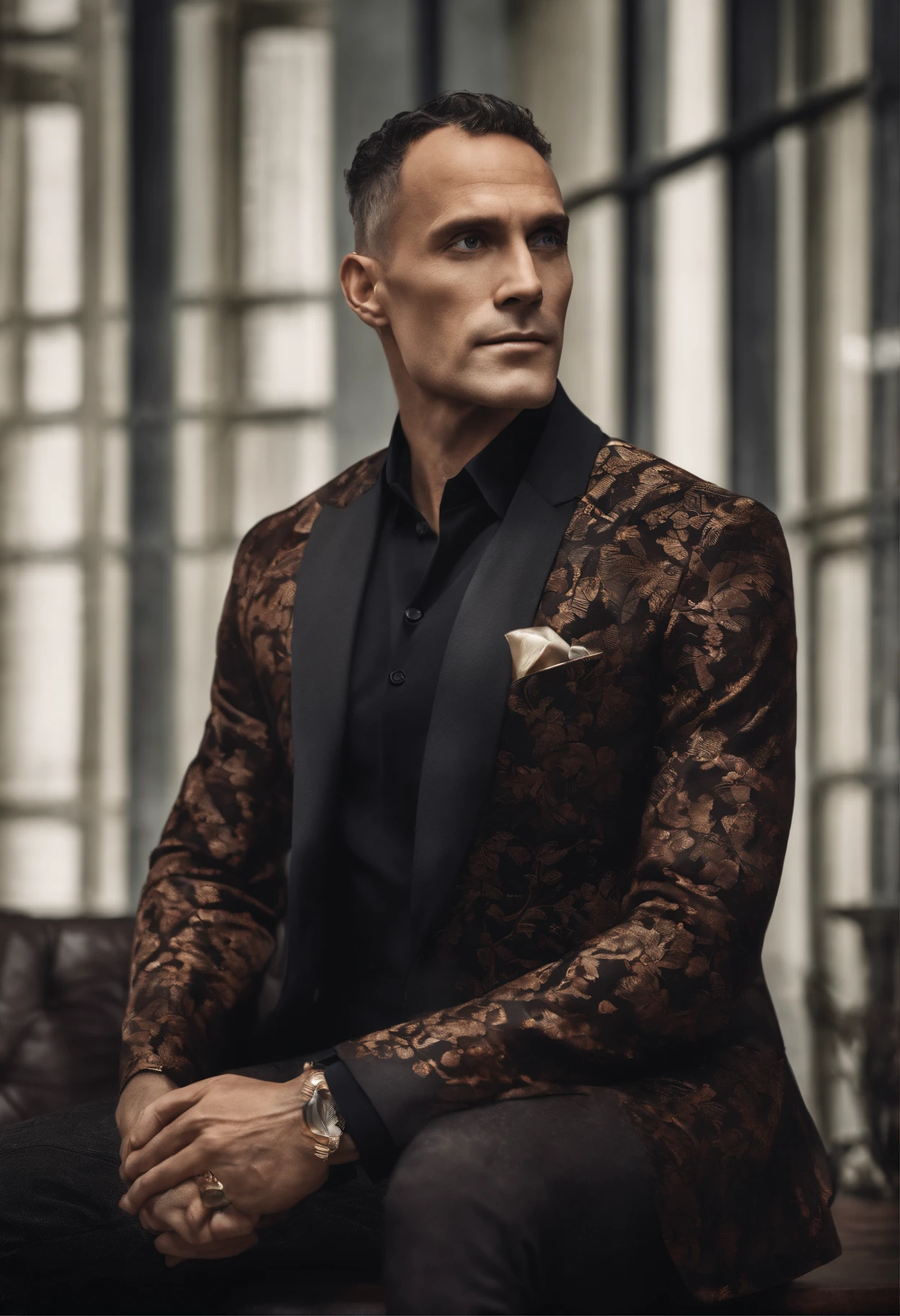 Cinematic photo, wide angle, of a handsom man, tall and fit, 40 years old, (shaven:1.4) , short curly brown hair. dark brown tight velvet suit, (the jacket has black flower patterns:1.2). A clean composition, strong details, Muted Colours, Hasselblad --style raw