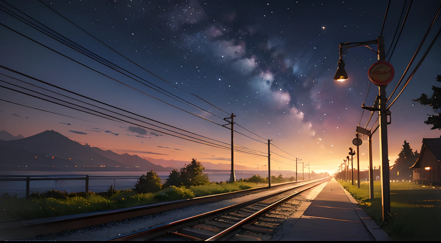 High quality masterpiece ，scenecy，Anime train passing through bodies of water on tracks， Glittering starry sky。Romantic train，Pisif，concept-art，Lofi art style，Reflectors。 By Makoto Shinkai, Lofi art, beautiful anime scenes, Anime landscapes, Detailed scenery —width 672, in the style of makoto shinkai, Makoto Shinkai's style，Detail enhancement