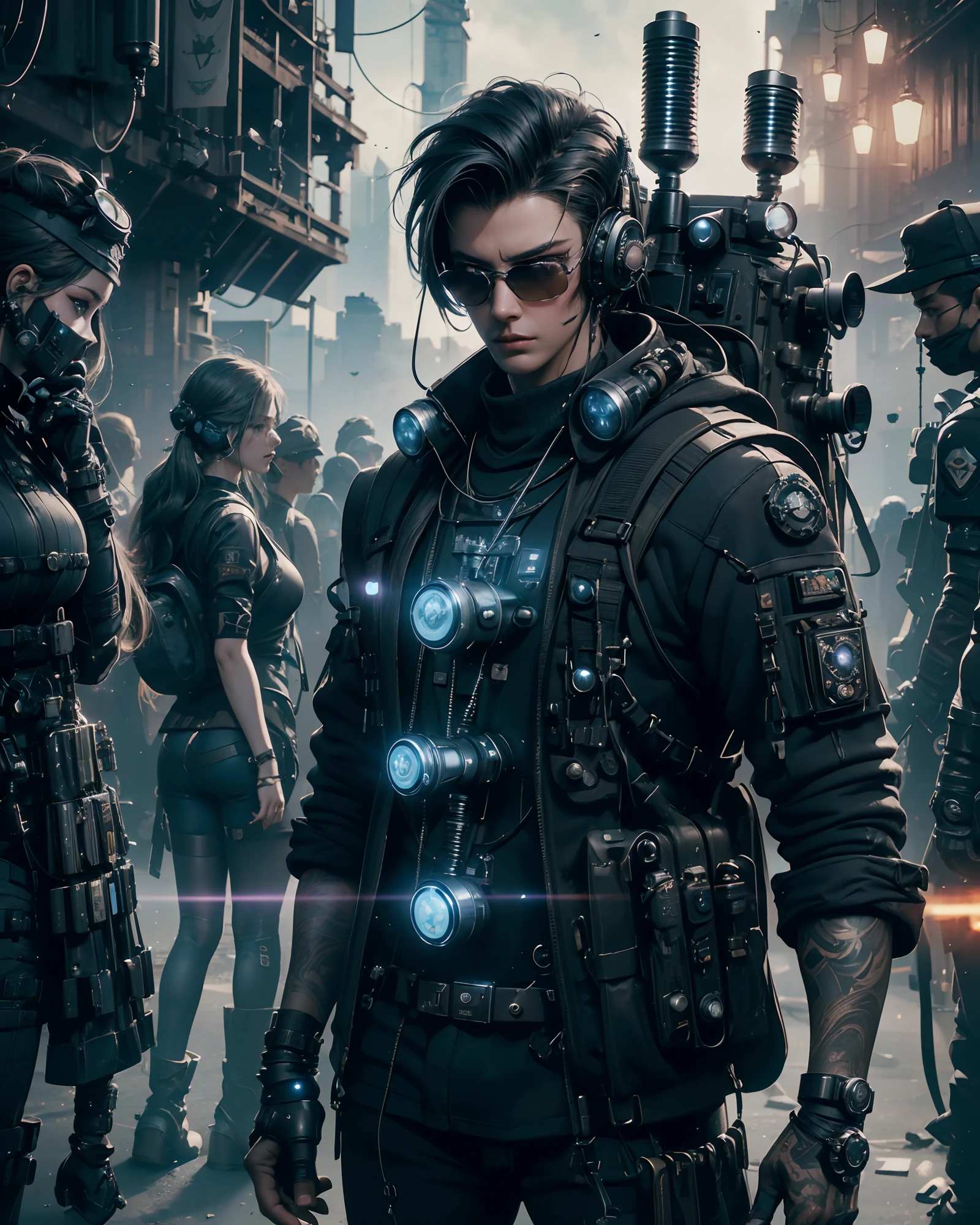 Hyperrealistic, Unreal engine, 3d, (Medium Shot), (Long shot), (Steampunk Military Communication Team), (Steampunk Meta-Gnome Soldier wearing HighTech Headphones with mic) , ((Satellite Phone)), ((Radio Antena from backpack)), (Holding a (Scifi Phone:1.3) in Hands), in the Holographics Hyperspace Metaverse 50mm, Ray Tracing, UHD