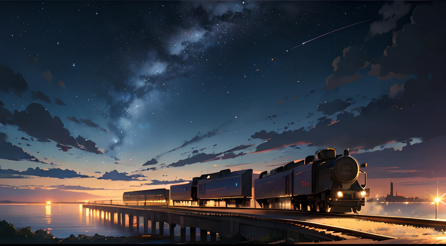 High quality masterpiece ,scenecy,Anime train passing through bodies of water on tracks, Glittering starry sky。Romantic train,Pisif,concept-art,Lofi art style,Reflectors。 By Makoto Shinkai, Lofi art, beautiful anime scenes, Anime landscapes, Detailed scenery —width 672, in the style of makoto shinkai, Makoto Shinkai's style,Detail enhancement