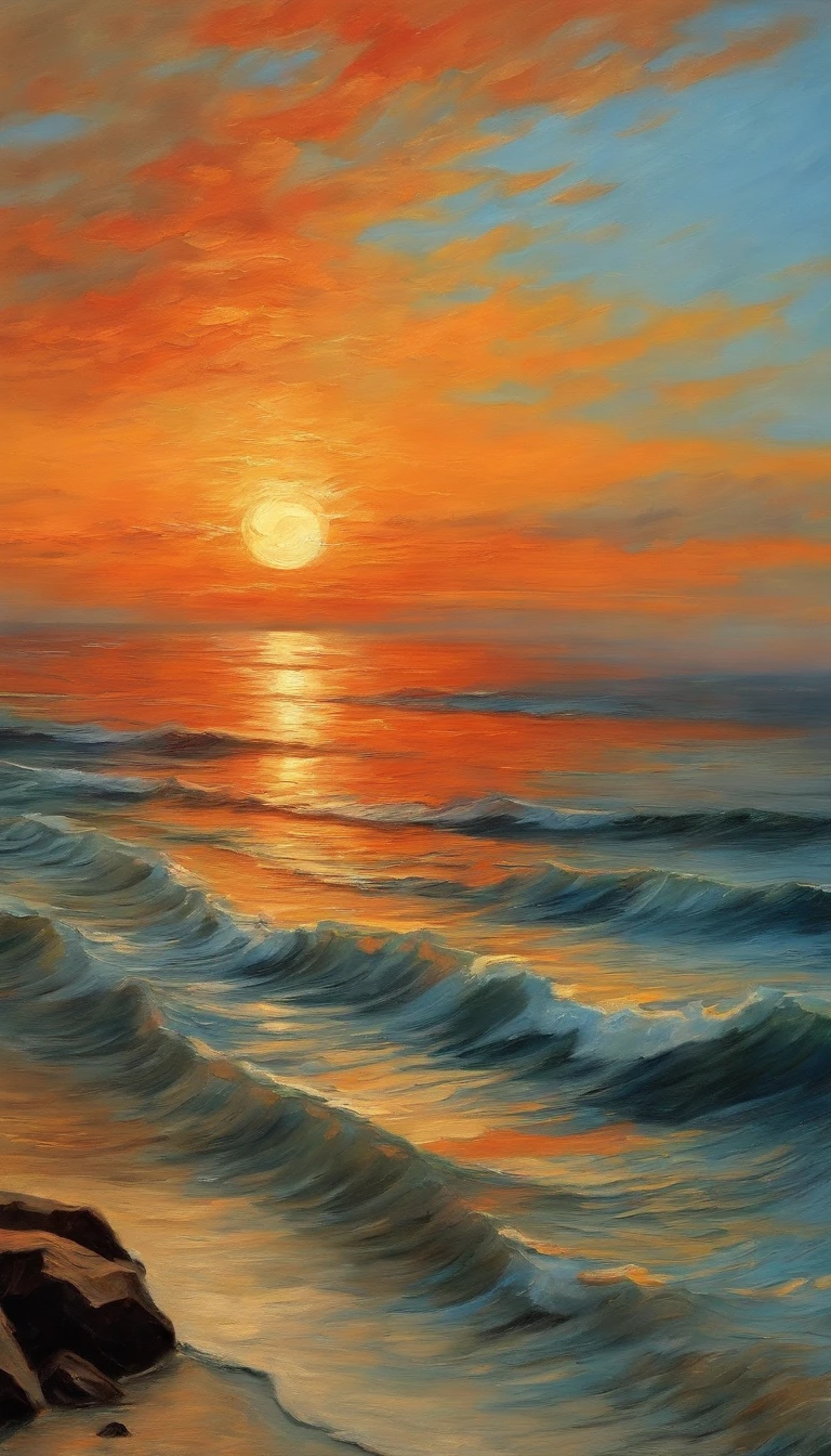 The red sun sets in a very smooth sea, vincent van gogh painting, Calm composition, PastelColors, Orange-yellow and light blue