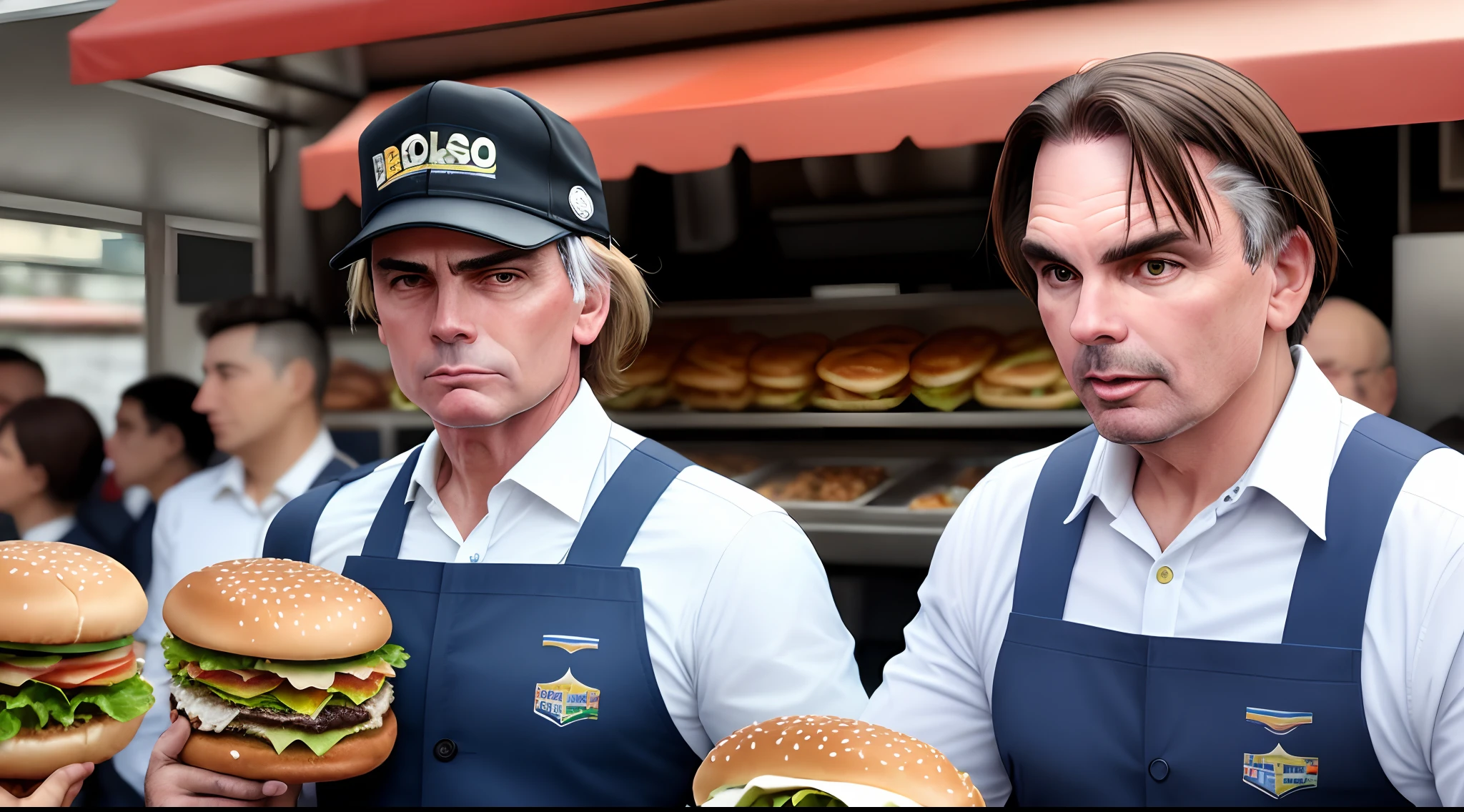 Bolsonaro with hamburger vendor uniform, centered image