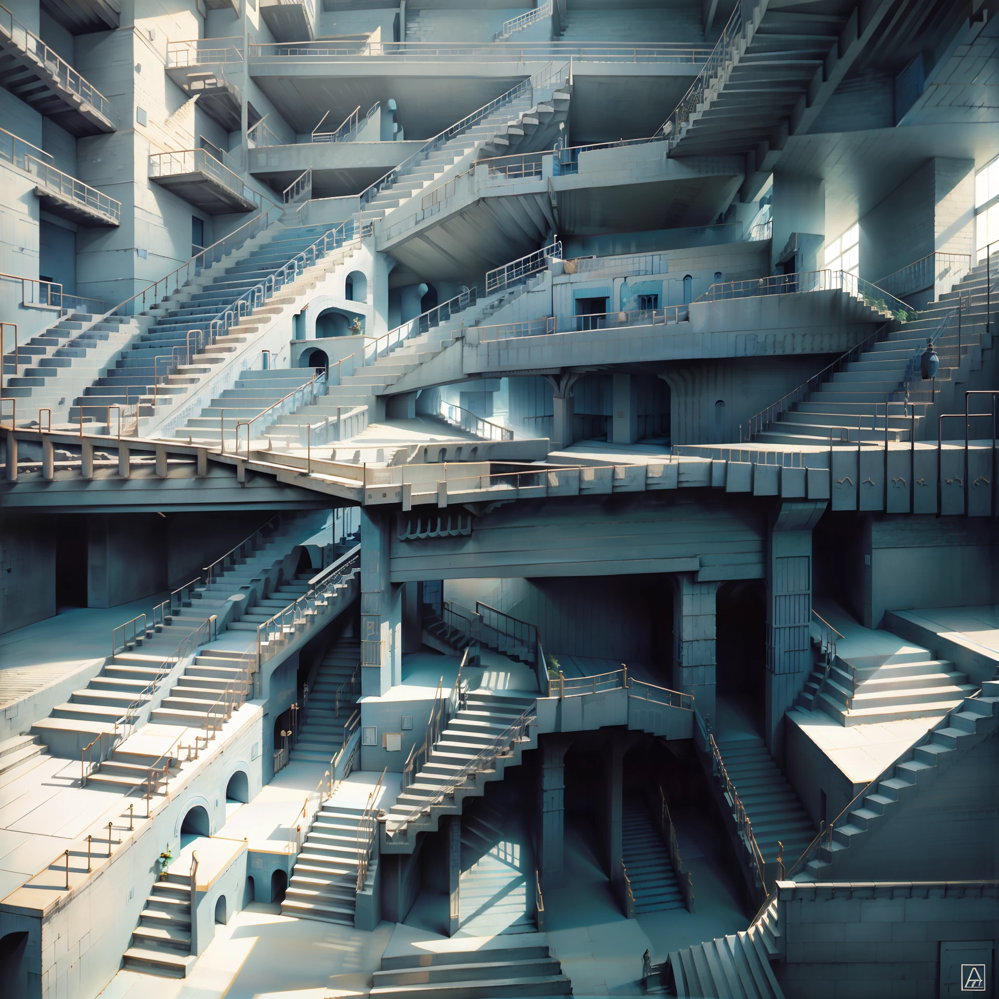 Minimalist blue labyrinth with ((six blue stairs in height)): different stair paths going to different places right and left. A masterpiece, perfect photo in blue modern office, analog style, photorealistic, absurdres, hyper detailed, beautiful, highly detailed, perfect focus, daylight, photorealistic textures, volumetric lights, absurdres, award winning photography, a masterpiece