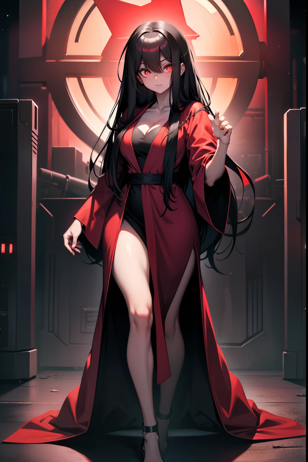 (( best quality, masterpice, )) Crimson eyes, glowing eyes, night, red robe, full-body, standing, female, long hair, black hair