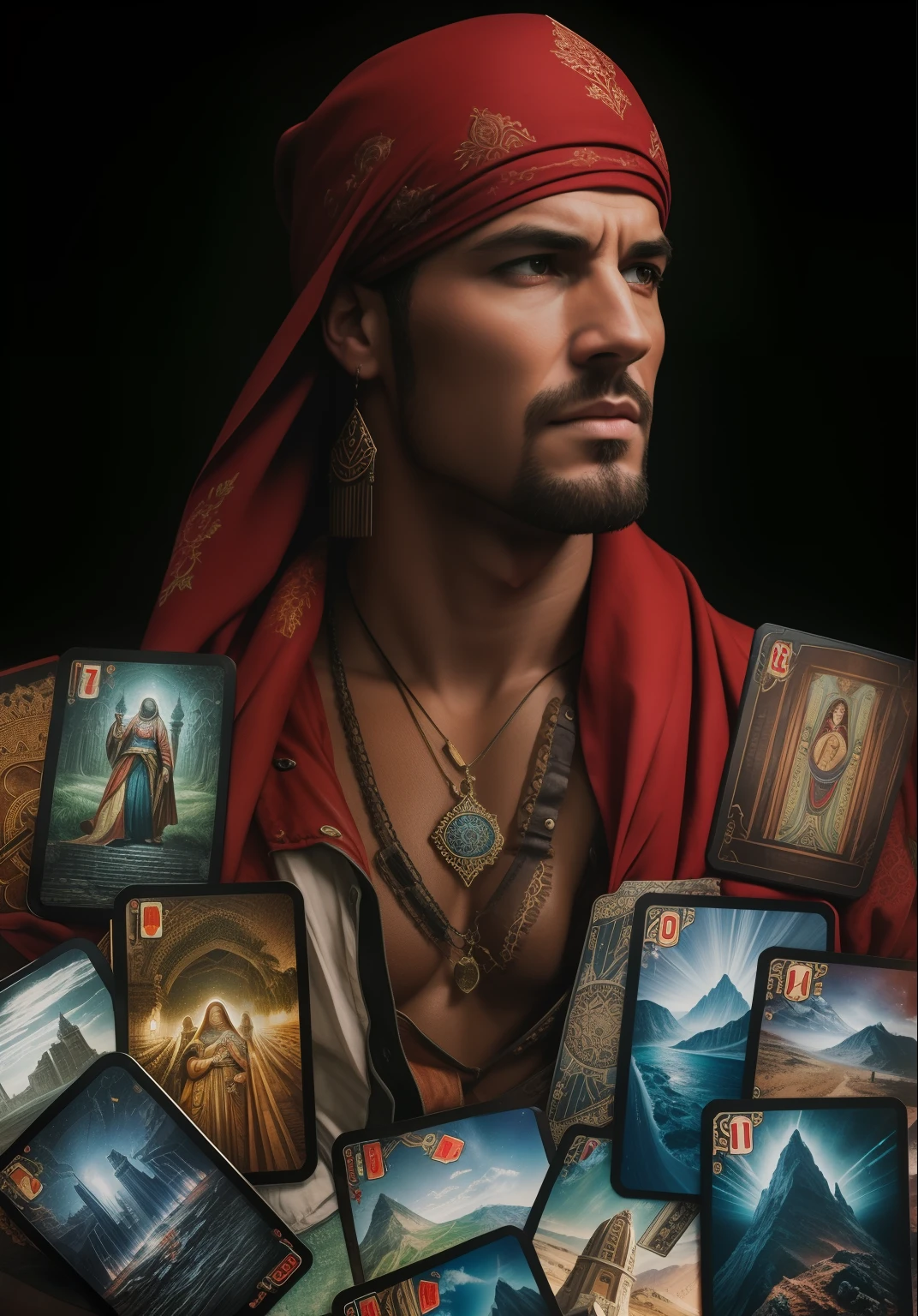 Homem cigano, with several tarot cards with ultrarealism and perfection, Realismo, renderizado, Alto contraste, digital art photographyrealistic trend in Artstation 8k HD high definition detailed realistic, detalhado, textura da pele, hiper detalhado, textura de pele realista, armadura, melhor qualidade, ultra high-resolution, (fotografiarrealista: 1.4), alta resolução, detalhado, Calado bruto, sharp re, por lee jeffries Nikon D850 Filme Fotografia de Stock 4 Kodak Portra 400 Lente F1.6 Rich Colors Realistic Texture Dramatic Texture Dramatic Lighting Irrealengine Trend on Artstation Cinestill 800